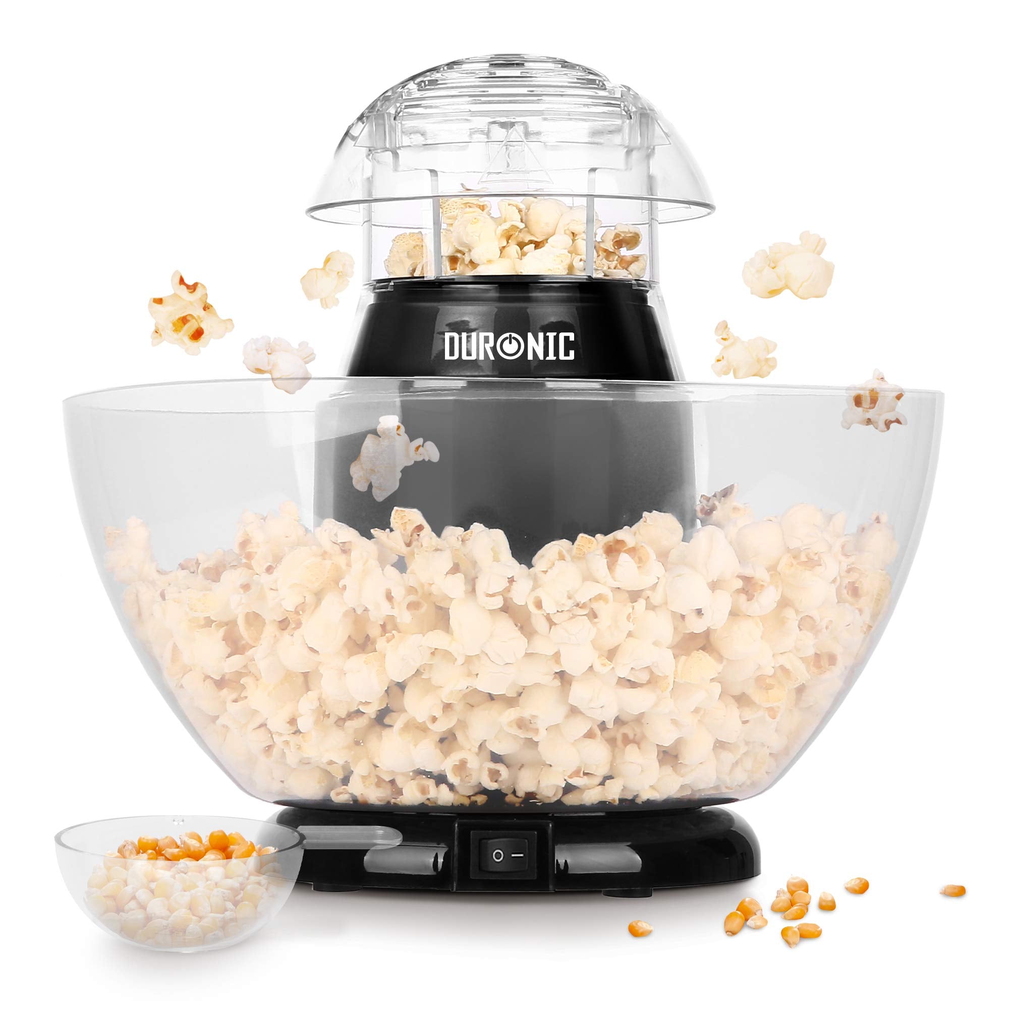 Duronic POP50 BK Popcornmaschine | Heißluft ohne Fett & Öl | 1200 Watt | inkl. Messbecher | für 50 Gramm Mais | abnehmbare Schüssel | Ölfreies Popcorn | Kalorienarm | Schwarz