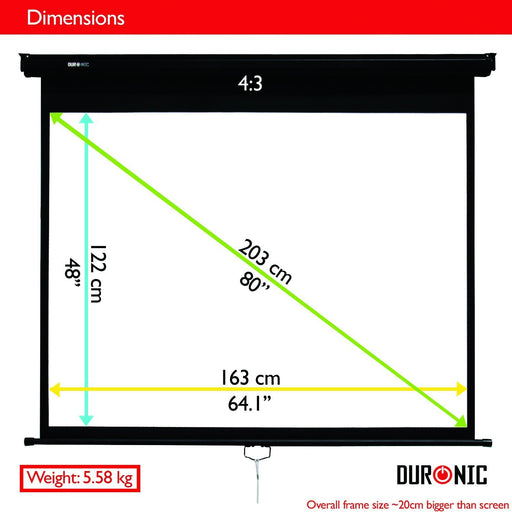 Duronic MPS80 Leinwand | 4:3 Rolloleinwand 80" Zoll 163 x 122 cm | Heimkino mit 4K Full HD 3D | Gain 1.0 | Projektionsleinwand für Decken und Wandmontage | Beamerleinwand für Büro und Präsentationen