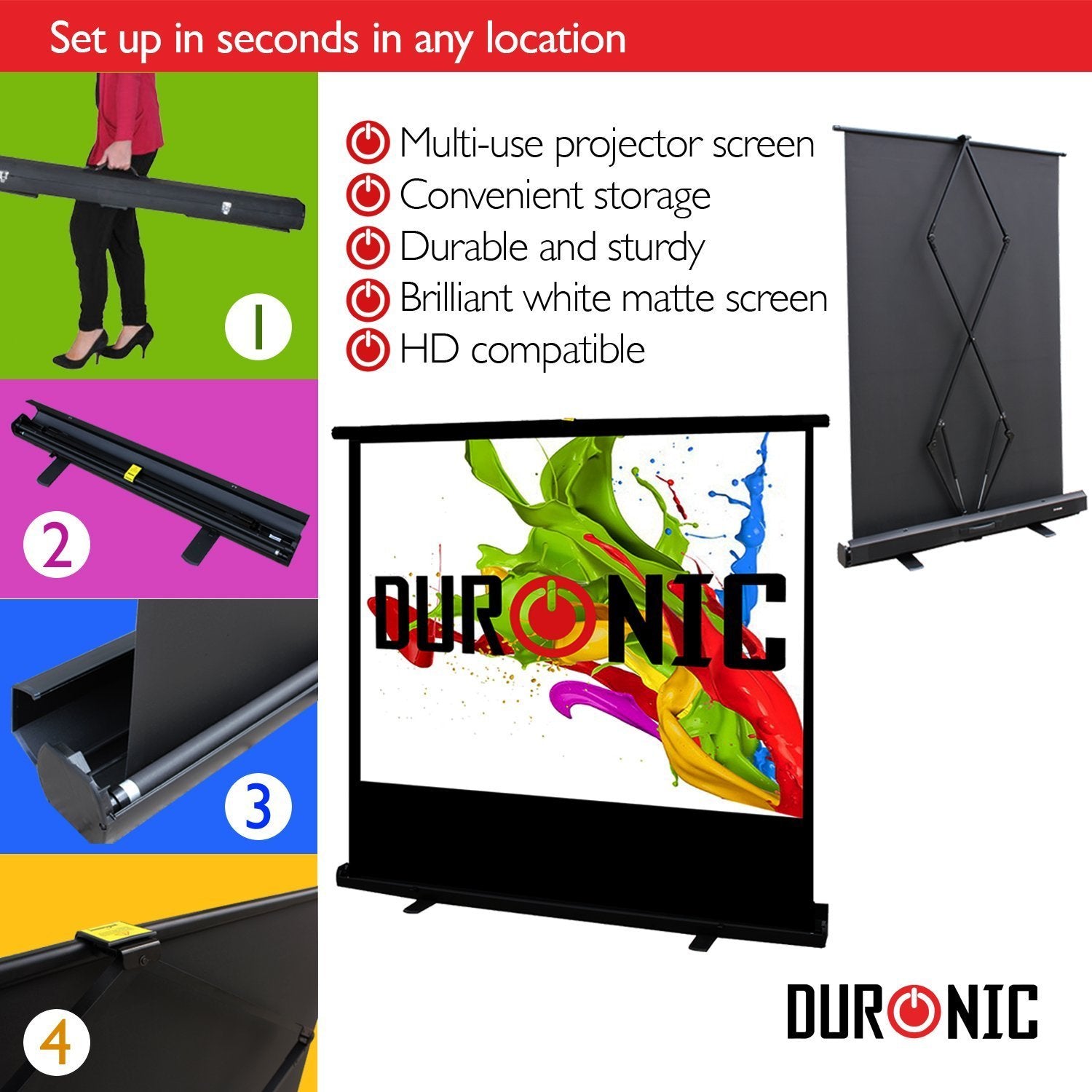 Duronic FPS80 Leinwand | 80 Zoll mobile Kofferleinwand mit 163 cm x 122 cm | 4:3 Heimkino mit 4K Full HD 3D | Projektionsleinwand für Beamer | Gain 1.0 | Beamerleinwand für Büro und Präsentationen