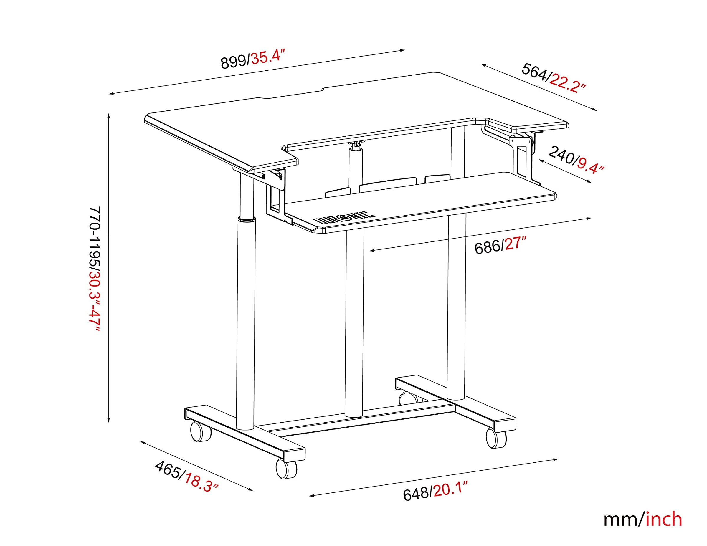 Duronic DM03ST1 PC-Tisch | Höhenverstellbar 77-119,5cm | 56,4 x 89,9cm Fläche | 15kg Belastbarkeit | Rollbare Workstation | Mit Tastaturauszug | Zum Sitzen und Stehen | Computertisch mit Kabelführung