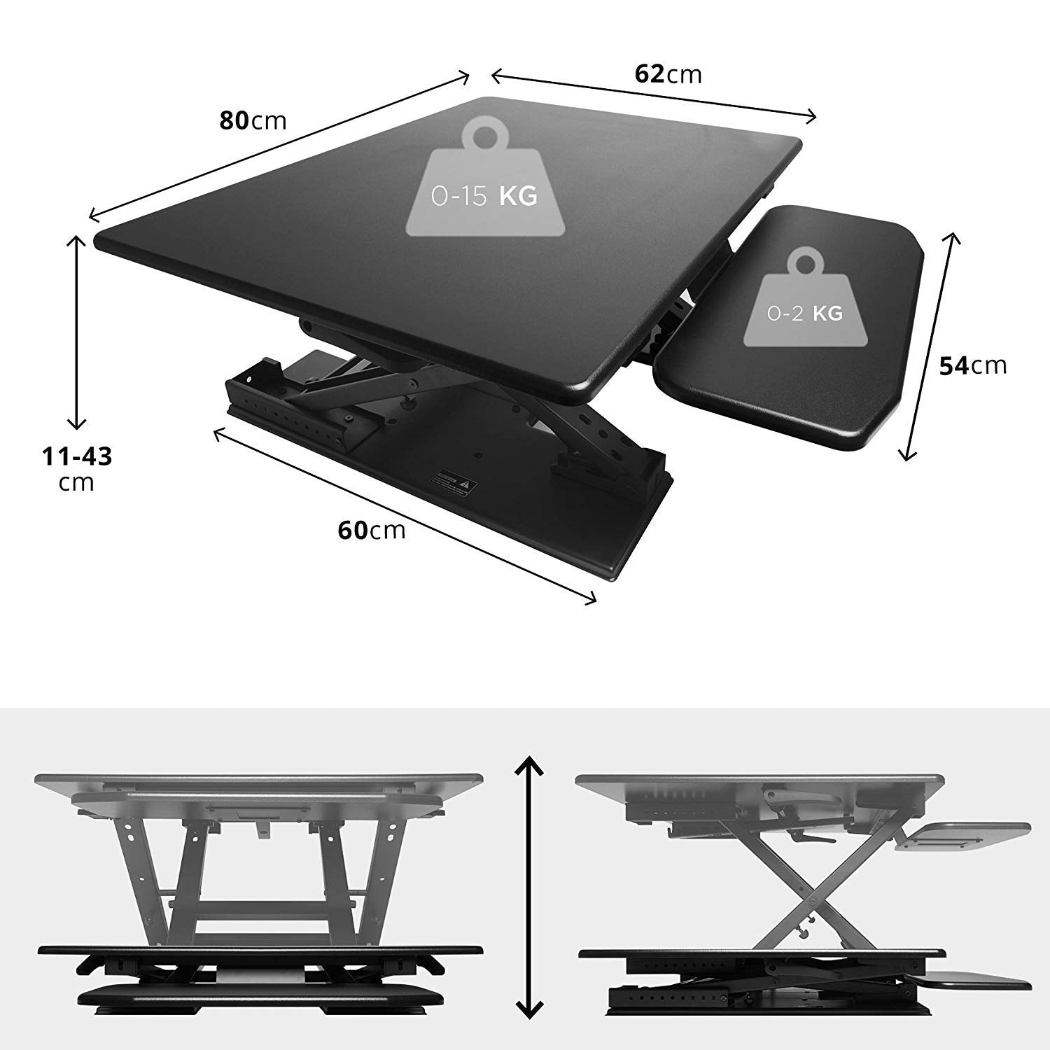 Duronic DM05D6 Computertisch | Workstation 80 x 62 cm mit Tastaturablage | Schreibtischaufsatz höhenverstellbar 13 bis 43 cm | Stehpult für 2 Monitore und Tablet | Sitz-Steh Schreibtisch bis 15 kg