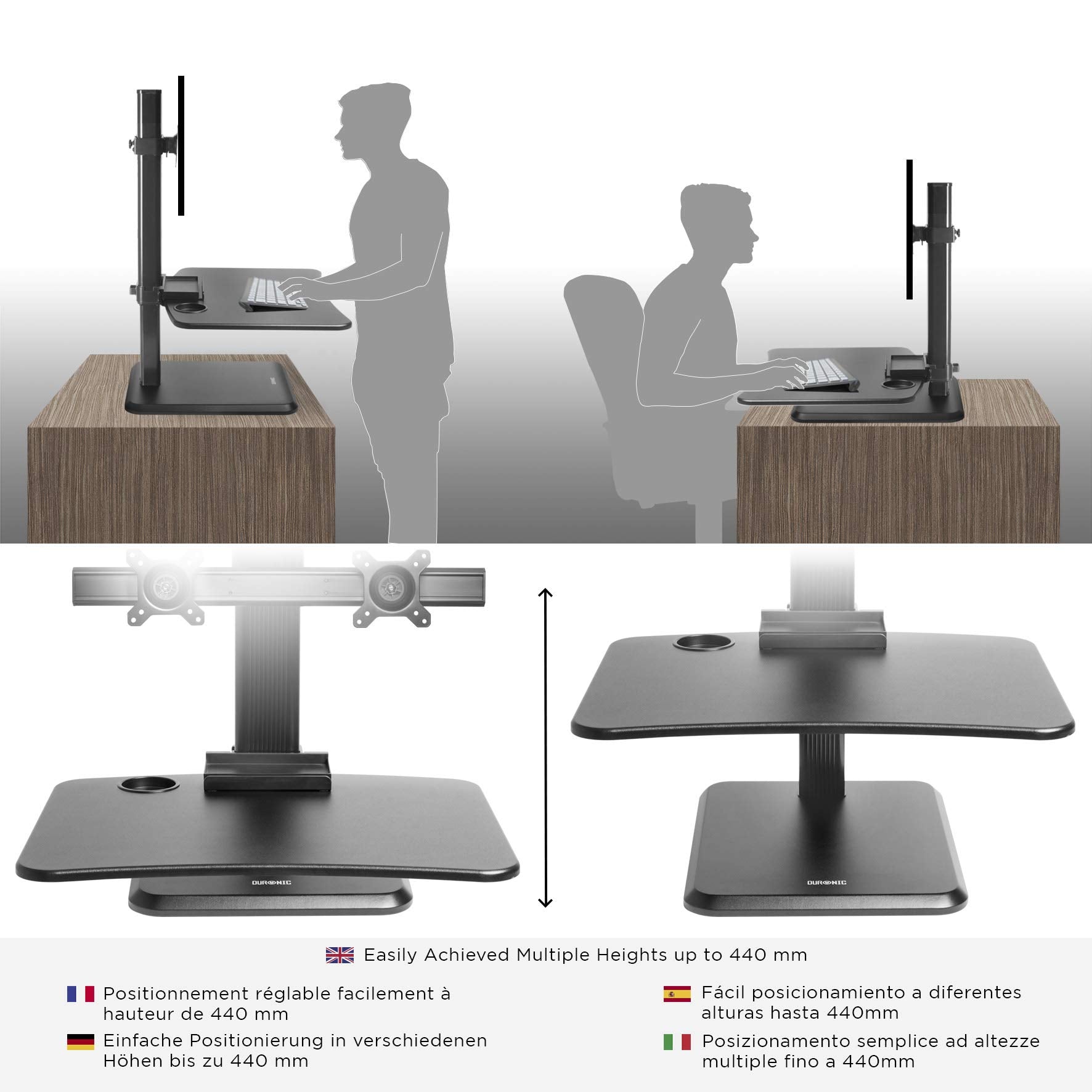 Duronic DM05D15 Schreibtischaufsatz mit Monitorhalterung | Computertisch 65 x 51 cm | Workstation höhenverstellbar 7 - 44 cm | Stehpult für 2 Bildschirme, Smartphone und Tastaturablage | Displays 8 kg