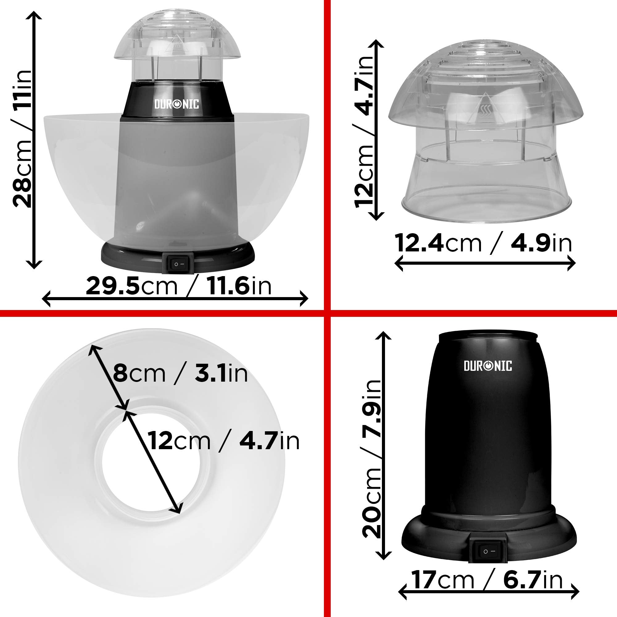 Duronic POP50 BK Popcornmaschine | Heißluft ohne Fett & Öl | 1200 Watt | inkl. Messbecher | für 50 Gramm Mais | abnehmbare Schüssel | Ölfreies Popcorn | Kalorienarm | Schwarz