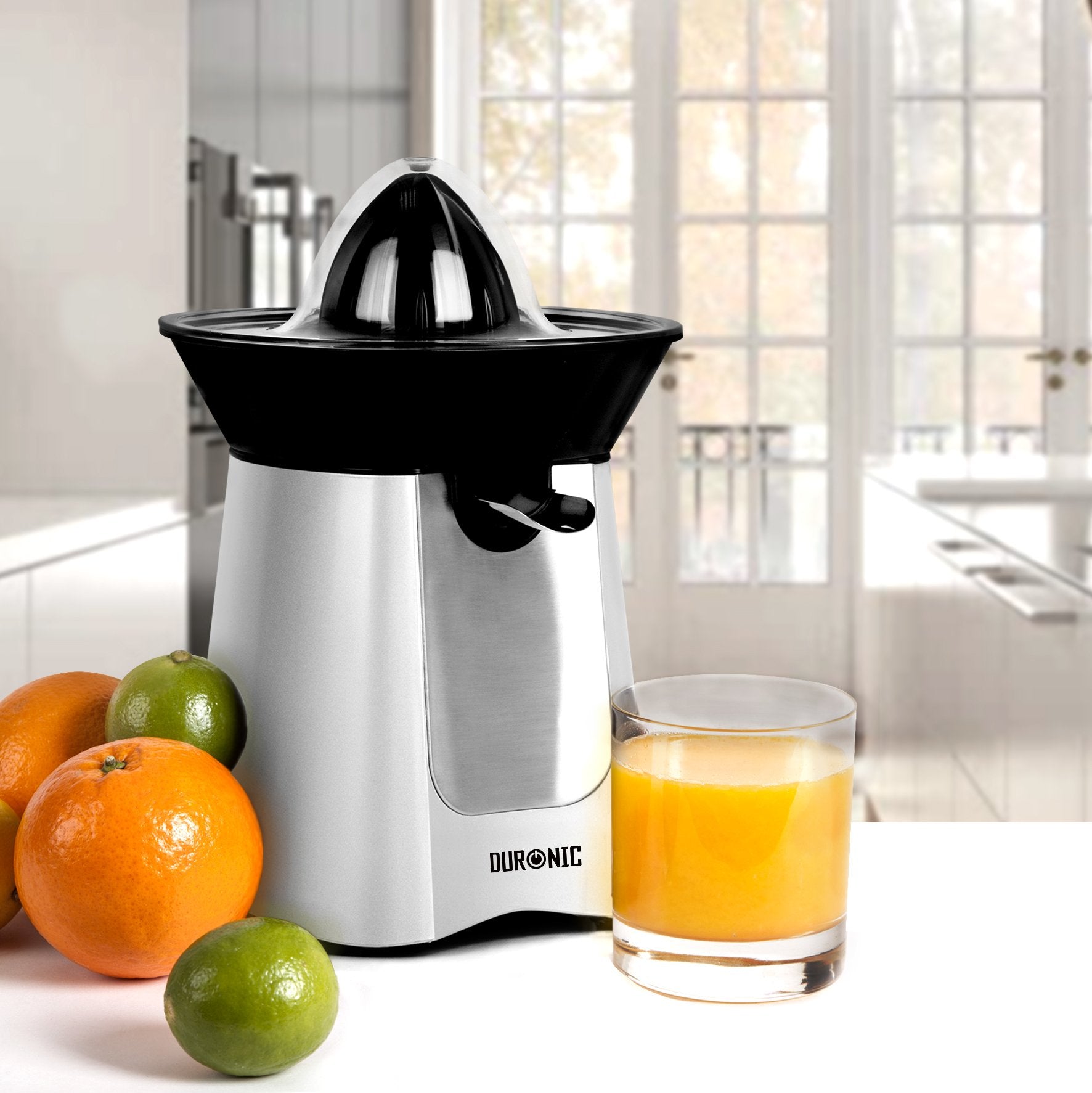 Duronic JE6 SR Saftpresse elektrisch 100W, Zitronenpresse, Zitruspresse 2 Kegel, Orangenpresse, hohe Saftgewinnung, Edelstahl Fruchtpresse mit Sieb, Citrus juicer, Orangensaftpresse, Limepresse