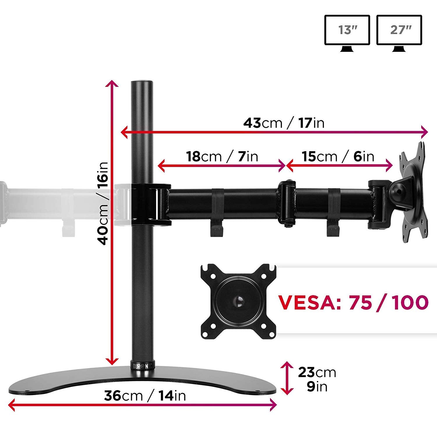 Duronic DM25D2 Monitor-Halterung 2 Monitore für 13-27 Zoll Flach & Curved Bildschirm-Halterung 8kg, Monitor Tischhalterung Höhenverstellbar Neigbar Schwenkbar Drehbar, Vesa halterung, Monitor-Arm