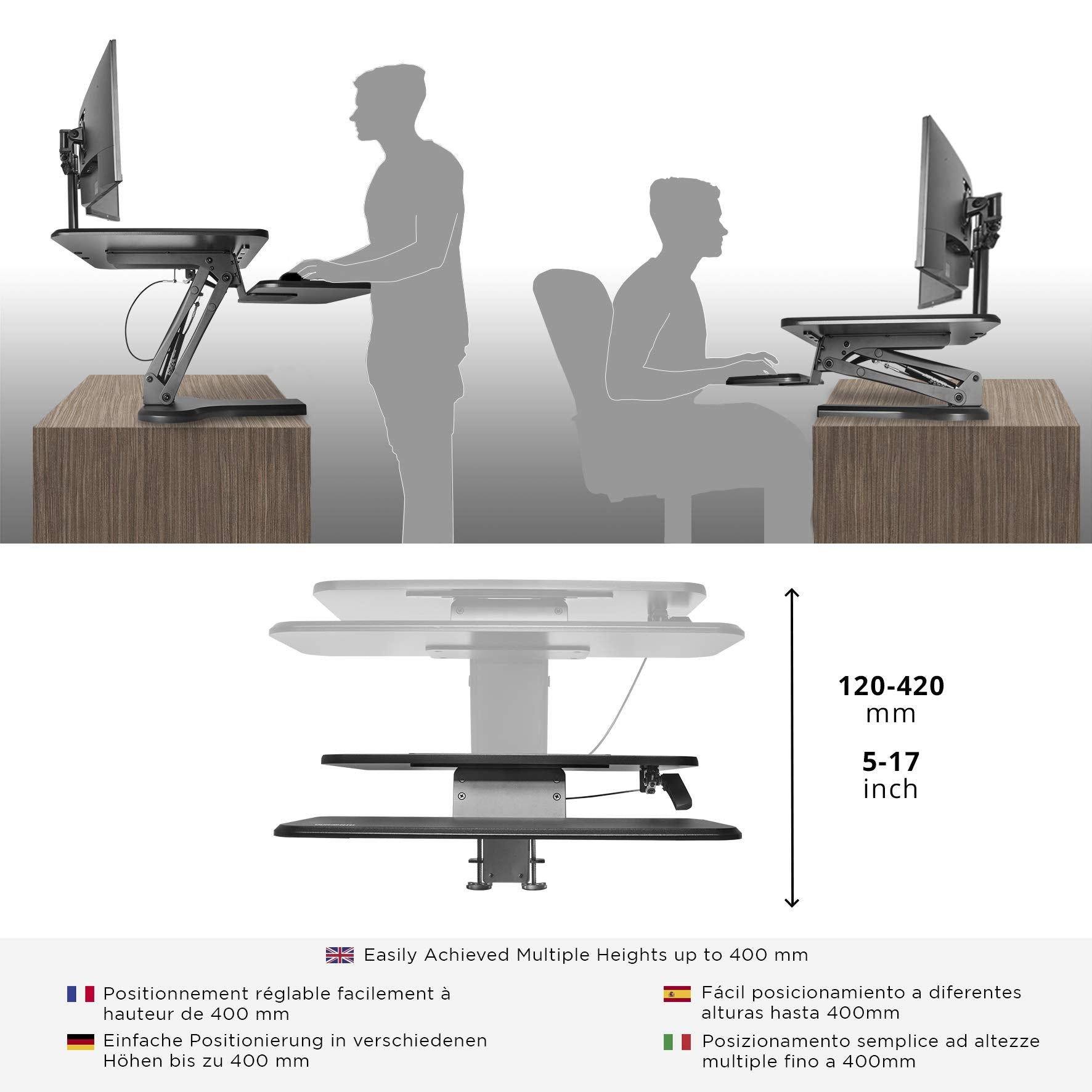 Duronic DM05D13 Computertisch | Workstation 64 x 46 cm mit Tastaturablage | Schreibtischaufsatz höhenverstellbar 12 bis 42 cm | Stehpult zum festklemmen an Tischkante | Sitz-Steh Schreibtisch bis 8 kg