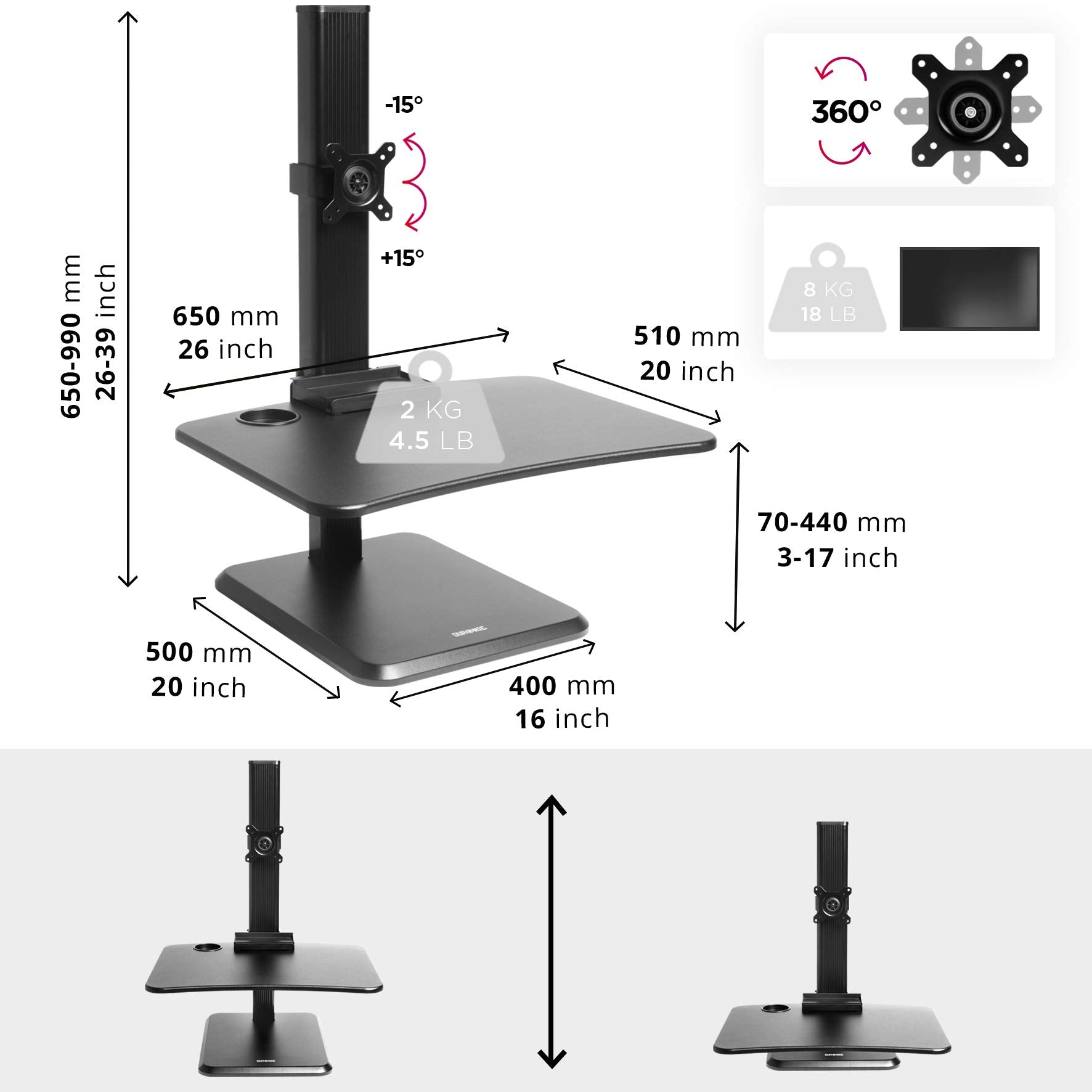 Duronic DM05D14 Schreibtischaufsatz mit Monitorhalterung | Computertisch 65 x 51 cm | Workstation höhenverstellbar 7 - 44 cm | Stehpult für Bildschirm, Smartphone und Tastaturablage | Display bis 8 kg