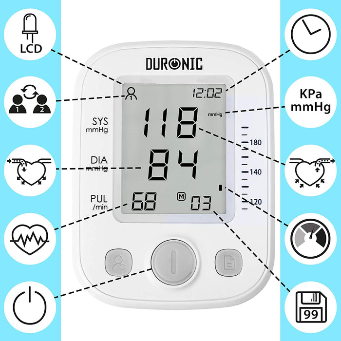 Duronic BPM200 Digitales Oberarm-Blutdruckmessgerät | Arhythmie Erkennung | Manschette 22-36 cm | Automatische Blutdruckmessung | Blutdruckmesser mit Herzrhythmusstörung Funktion | AAA Batterien