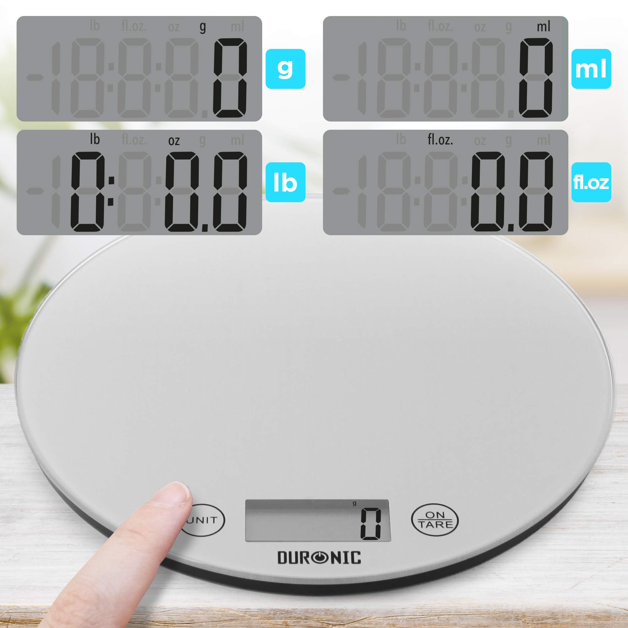 Duronic KS1055 Küchenwaage | 5 kg Digitalwaage rund | 1 g grammgenau Präzision-Feinwaage | Haushaltswaage mit Tara-Funktion | Digitale Waage mit Hold-Funktion | Lebensmittelwaage zum Backen und Kochen