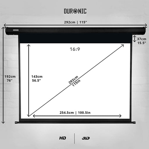 Duronic EPS115 Leinwand | 115 Zoll Rollo mit 254 x 143 cm | 16:9 Heimkino mit 4K Full HD 3D | Projektionsleinwand für Decken- und Wandmontage | Gain 1.0 | Beamerleinwand mit Motor für Fernbedienung