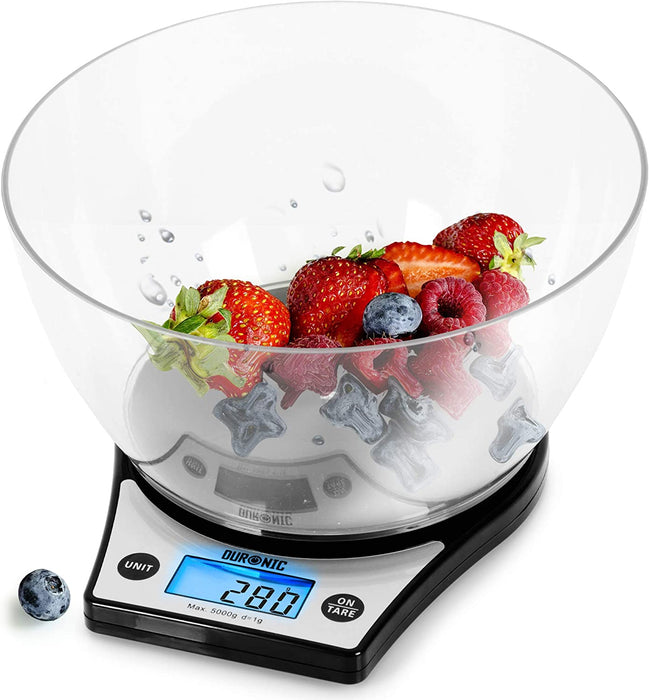 Duronic KS6000 Digitale Küchenwaage / Digitalwaage / Elektronische Waage mit transparenter Schüssel, LCD Display, 5 kg, Tara-Funktion