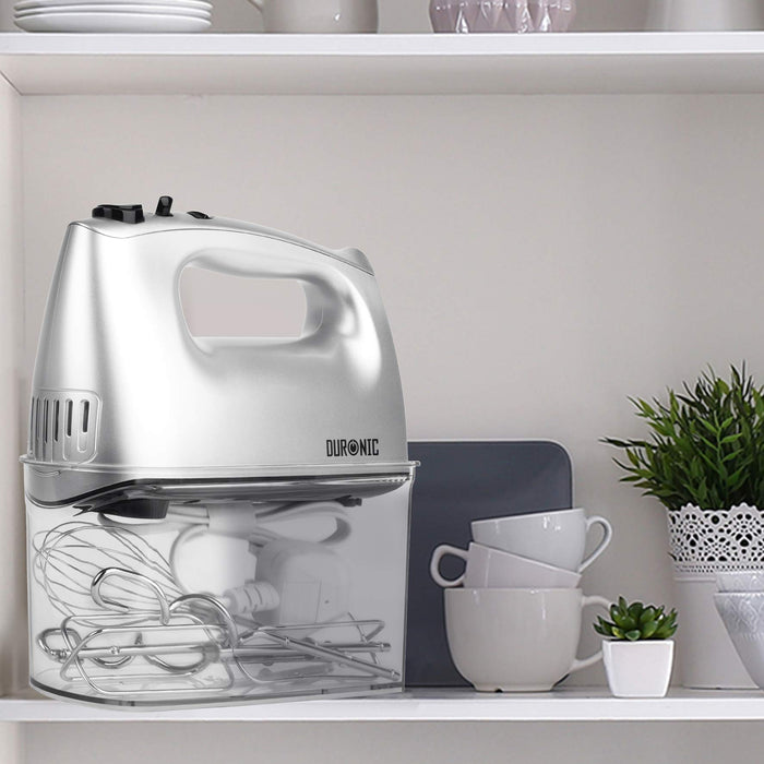 Duronic HM4 Handmixer / Mixer / Handrührgerät mit Turbofunktion, Edelstahl Rührbesen, Knethaken und Schneebesen und Aufbewahrungsbox, 400W—