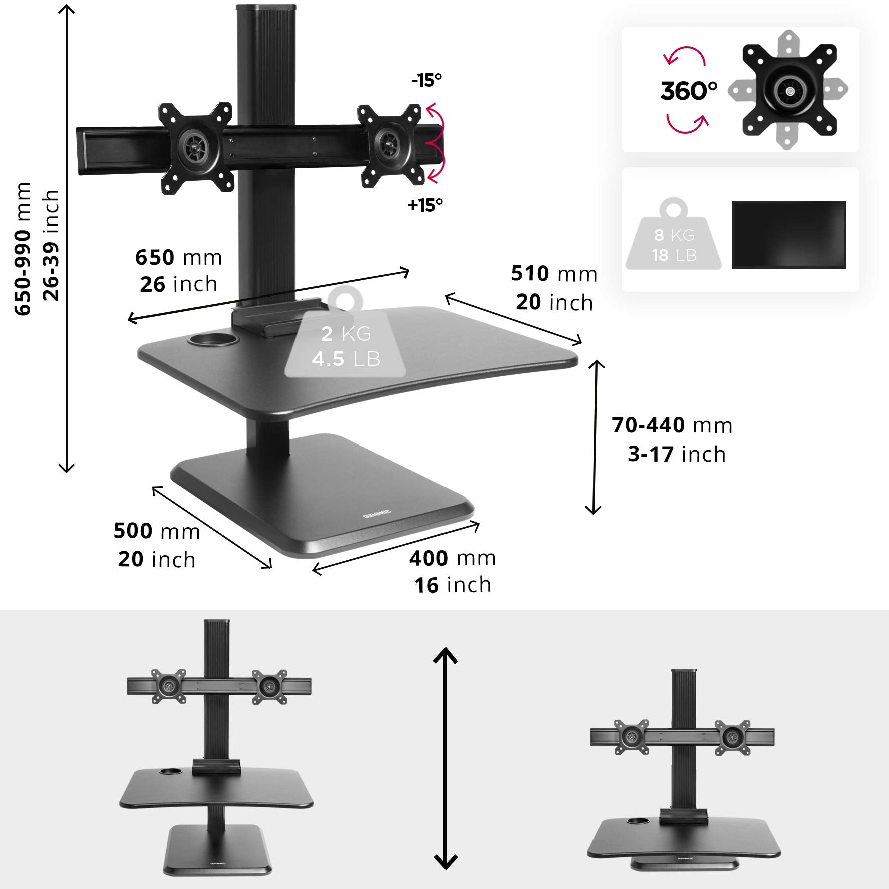 Duronic DM05D15 Schreibtischaufsatz mit Monitorhalterung | Computertisch 65 x 51 cm | Workstation höhenverstellbar 7 - 44 cm | Stehpult für 2 Bildschirme, Smartphone und Tastaturablage | Displays 8 kg