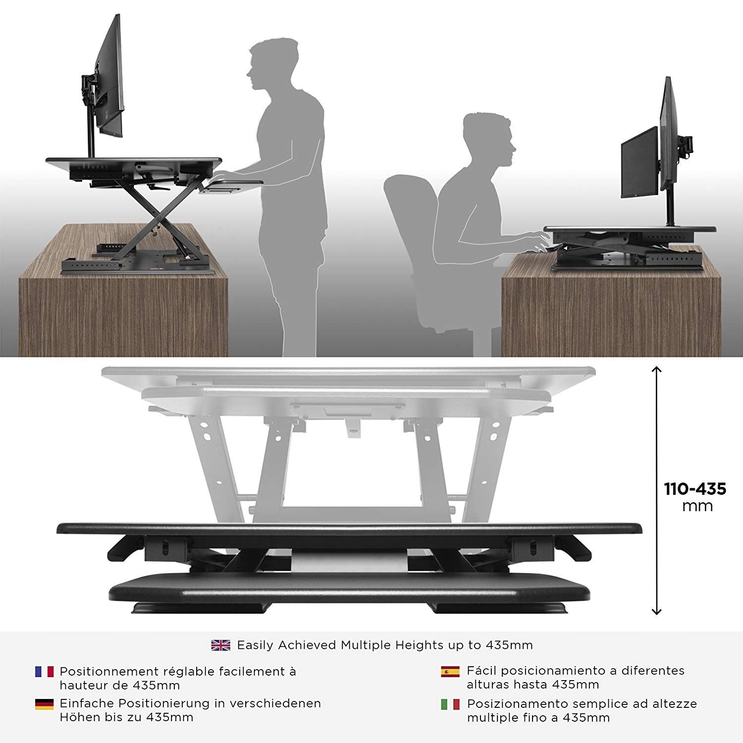 Duronic DM05D6 Computertisch | Workstation 80 x 62 cm mit Tastaturablage | Schreibtischaufsatz höhenverstellbar 13 bis 43 cm | Stehpult für 2 Monitore und Tablet | Sitz-Steh Schreibtisch bis 15 kg