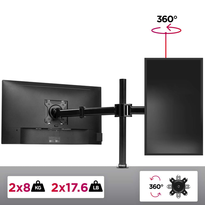 Duronic DM252 BK Monitorhalterung - Monitorständer für 2 Monitore bis 27 Zoll - VESA 75/100 - Belastbarkeit 8kg - Höhenverstellbar - Neigbar -90° bis +35° - Drehbar 360° - Monitorarme aus Stahl