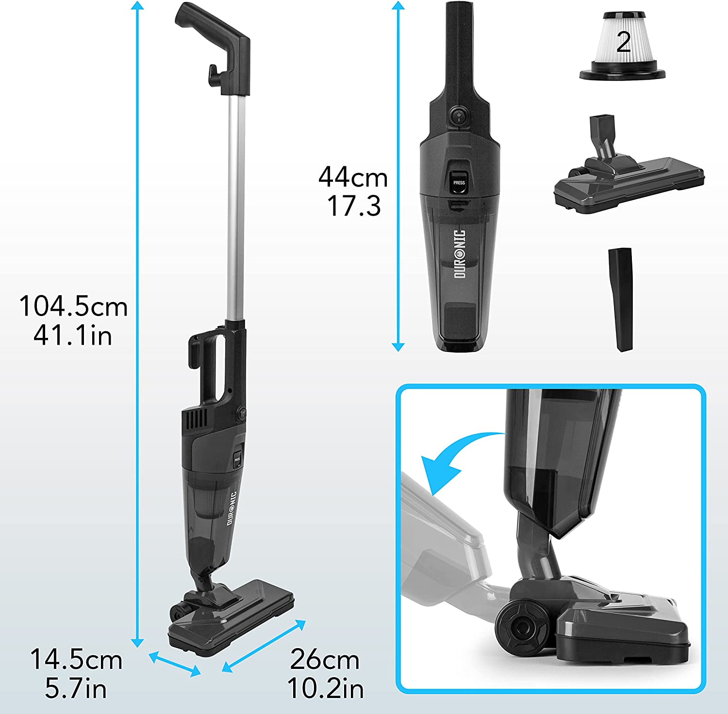 Duronic VC9 Staubsauger beutelloser 600W, Handstaubsauger, Stielstaubsauger, Standstaubsauger, 2-in-1 Sauger, Kabelstaubsauger, Bodenreiniger, HEPA Filter, für Allergiker, Tierhaare und Hartböden