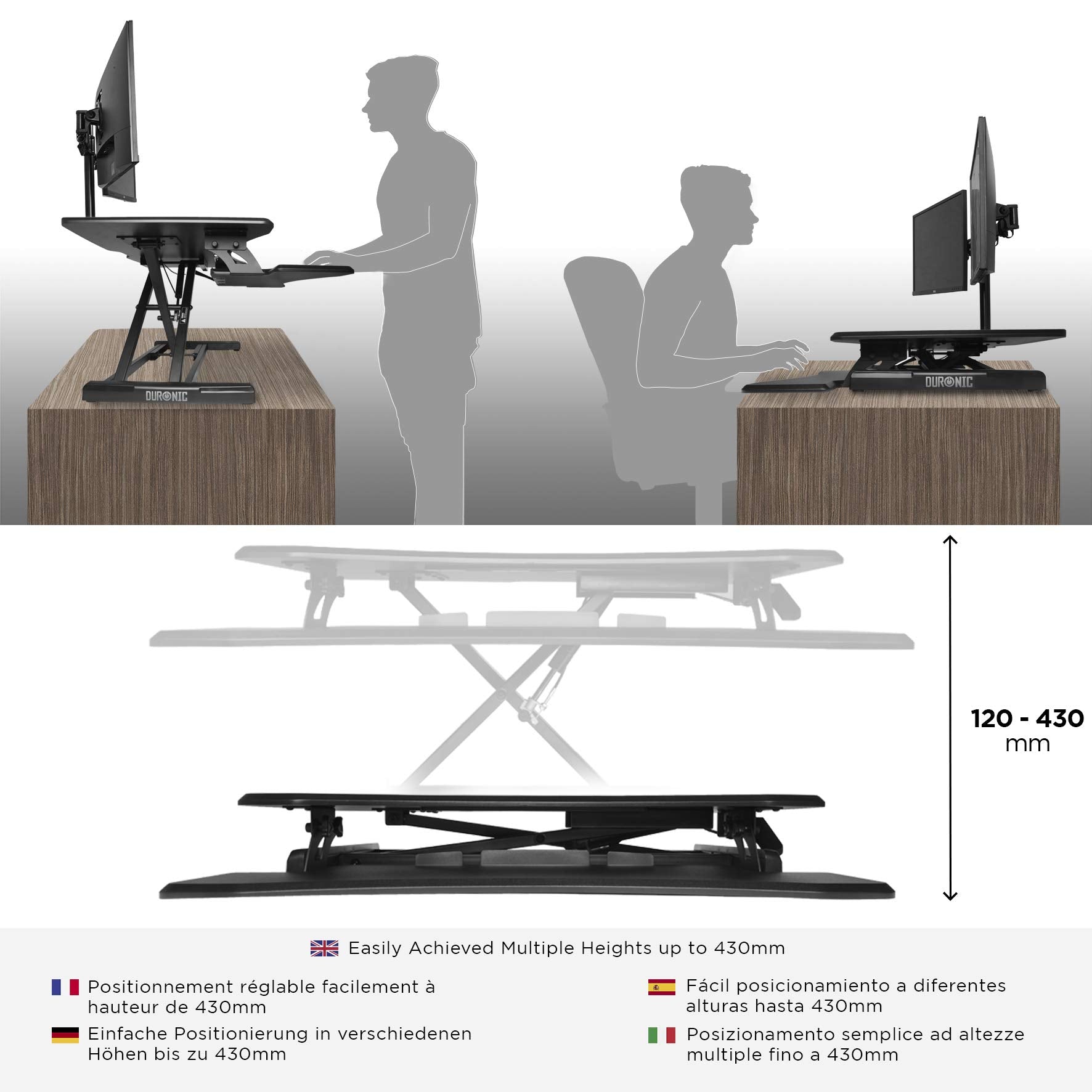 Duronic DM05D16 Computertisch | Workstation 76 x 49 cm mit Tastaturablage | Schreibtischaufsatz höhenverstellbar 12 - 43 cm | Stehpult für PC, Laptop und Smartphone | Sitz-Steh Schreibtisch bis 10 kg