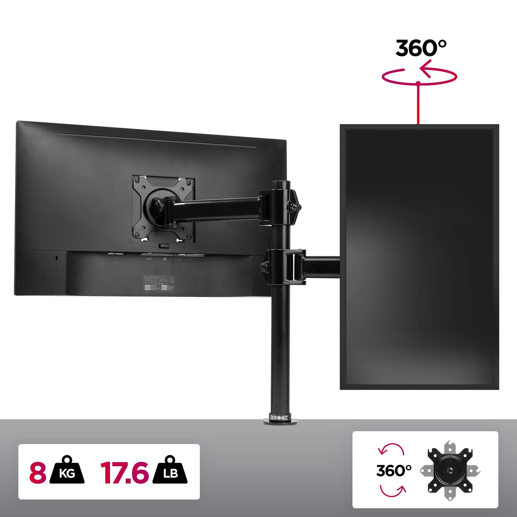 Duronic DM251X2 Monitor-Halterung 1 Monitor für 13-27 Zoll Flach & Curved Bildschirm-Halterung 8kg, Monitor Tischhalterung Höhenverstellbar Neigbar Schwenkbar Drehbar, Vesa halterung, Monitor-Arm