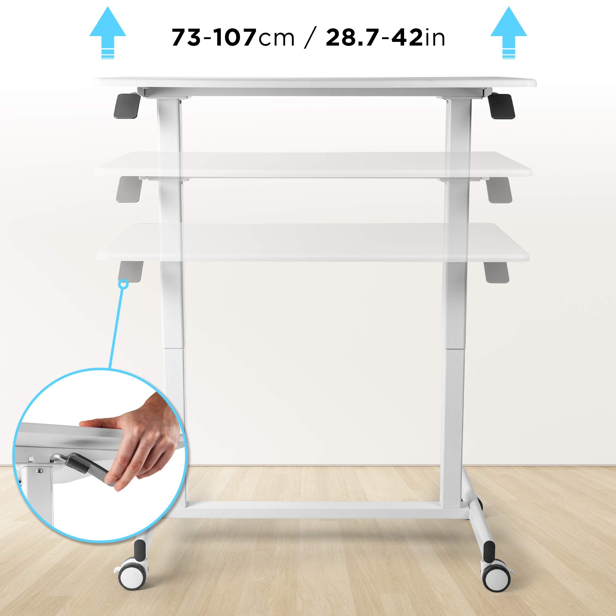 Duronic TM03T Schreibtisch | Tisch 88 x 50 cm | Manuell höhenverstellbar bis 107 cm | 15 kg Belastbarkeit | Pneumatische Bedienung stufenlos | Tischbein mit Rollen | Computertisch Home Office