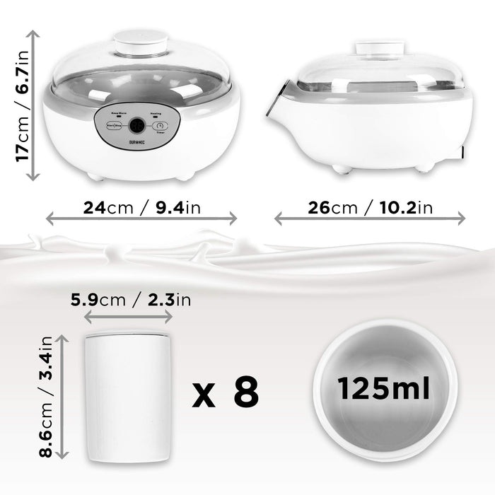 Duronic YM2 Joghurtmaschine - Joghurtbereiter mit 8 Keramikbechern und Deckel - 1000 ml Joghurt in 125 ml Portionen - Digitales Display - 24 Stunden Zeitschaltuhr - 20 Watt - Wärmefunktion mit 38°C