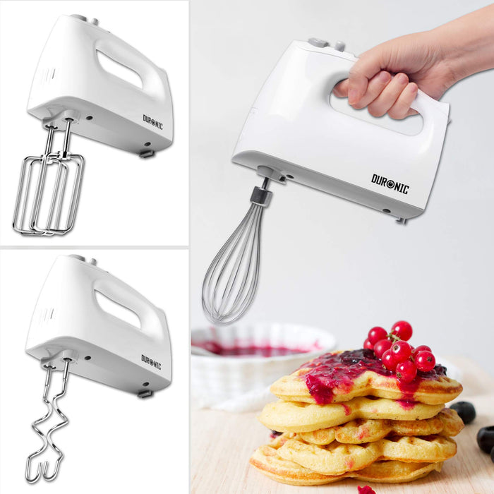 Duronic HM4 /W Handmixer / Mixer / Handrührgerät / Handrührer mit Turbofunktion, Edelstahl Rührbesen, Knethaken und Schneebesen und Aufbewahrungsbox,—