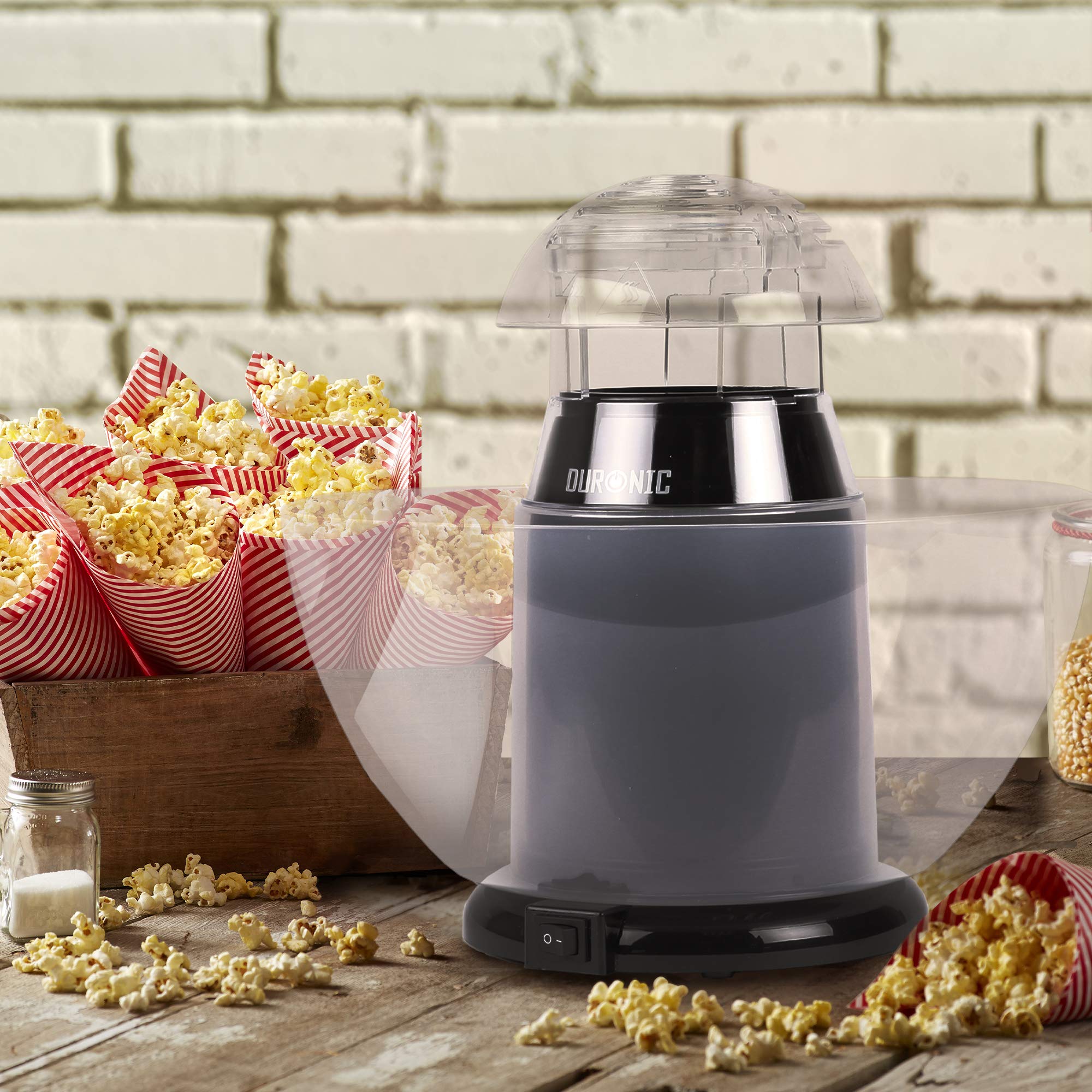 Duronic POP50 BK Popcornmaschine | Heißluft ohne Fett & Öl | 1200 Watt | inkl. Messbecher | für 50 Gramm Mais | abnehmbare Schüssel | Ölfreies Popcorn | Kalorienarm | Schwarz