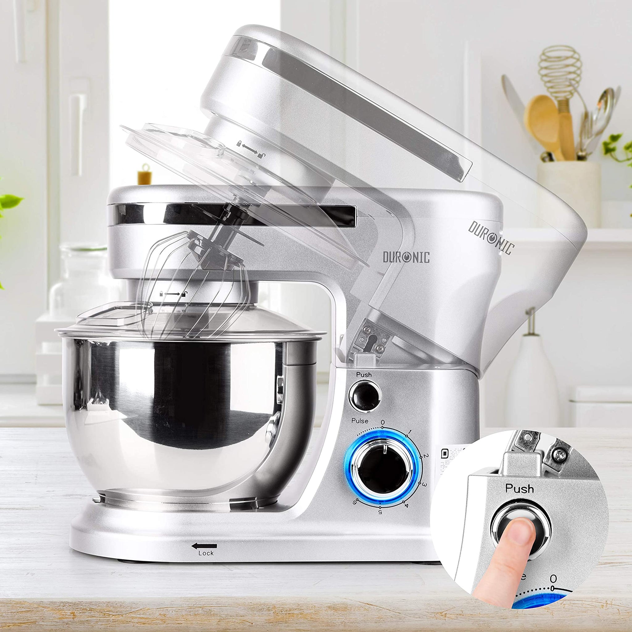 Duronic SM104 Elektrische Küchenmaschine | 1000W Knetmaschine mit Teighaken | 4 L Rührschüssel mit Spritzschutz | 6 Geschwindigkeiten und Pulsfunktion | Rührmaschine mit Schneebesen und Rührbesen