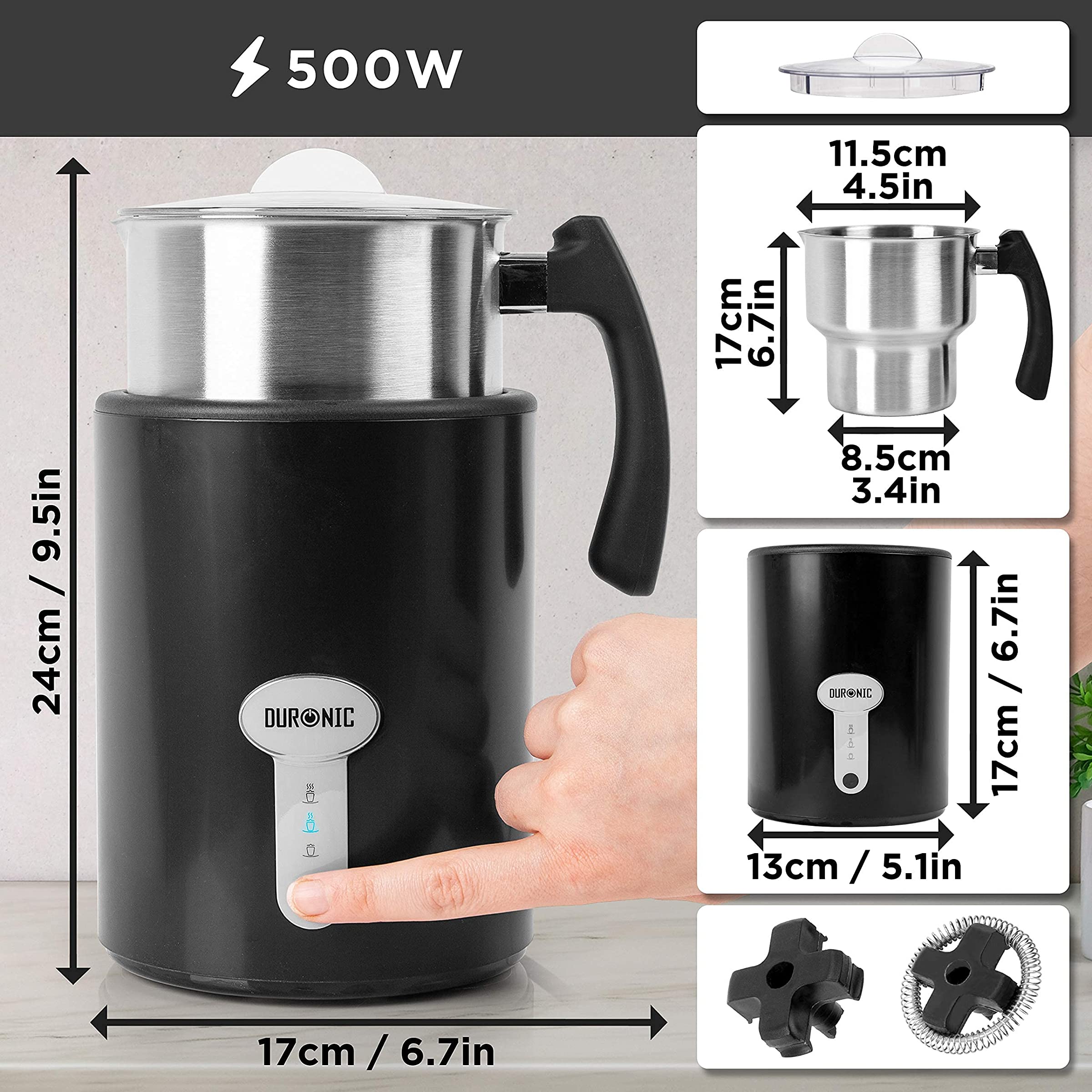 Duronic MF500 BK elektrischer Milchaufschäumer, 500 ml Behälter Milchaufschäumer Induktion, automatischer Milchschäumer, heißer und kalter Milchschaum für Kaffee, Latte, Cappuccino und Kakao, Schwarz