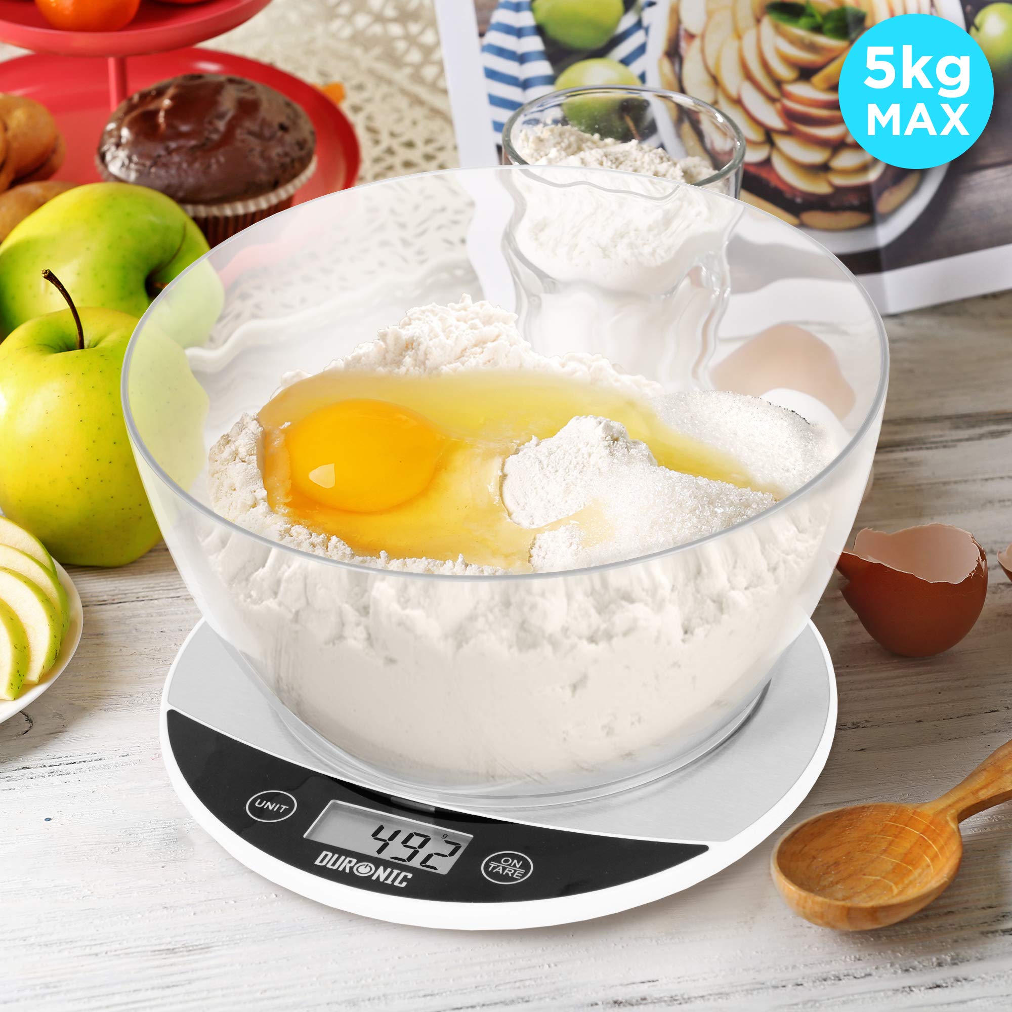 Duronic KS3000 Küchenwaage | 5 kg Digitalwaage rund mit 2 L abnehmbarer Schüssel | 1 g grammgenau Präzision-Feinwaage | Haushaltswaage mit Tara-Funktion | Digitale Waage mit Hold-Funktion | Zum Backen