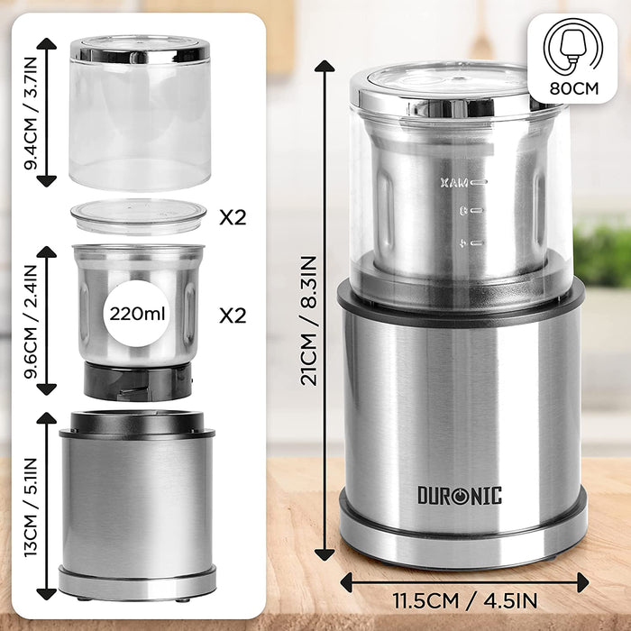 Duronic CG421 2in1 Kaffee- und Gewürzmühle - Für trockene und feuchte Zutaten geeignet - Fassungsvermögen 75g/220ml - Elektrischer Mixer mit 200W - Inklusive 2 Behälter aus Edelstahl