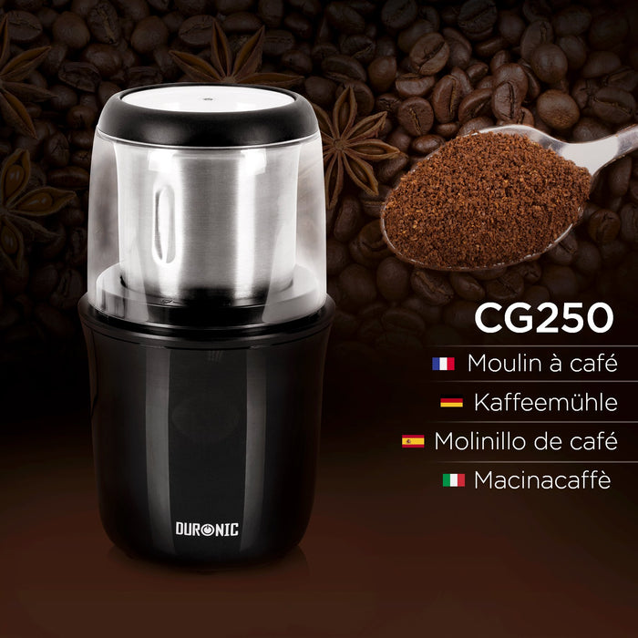 Duronic CG250 Kaffeemühle/elektrische Gewürzmühle - abnehmbarer Behälter – 75g Fassungsvermögen – 250W – Edelstahlklingen - Kaffee | Nüsse | Gewürze | Kräuter | Getreide | Trockenfrüchte