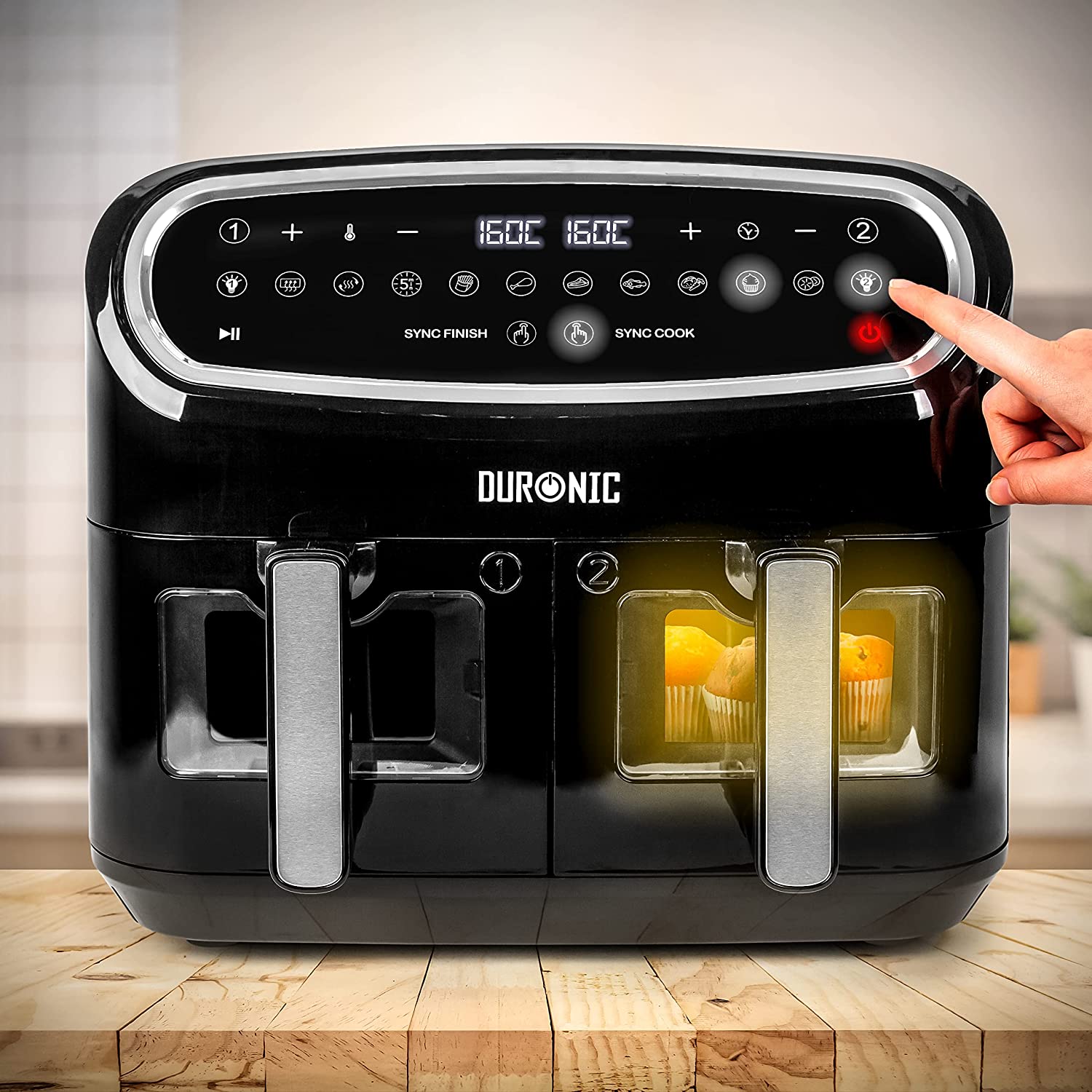 Duronic AF24 Heißluftfritteuse | Doppel-Fritteuse mit 9 Liter Volumen | Gleichzeitiges Kochen oder Fertigstellen | 10 voreingestellte Programme | Touch Control | Frittieren ohne Öl | 2400 Watt