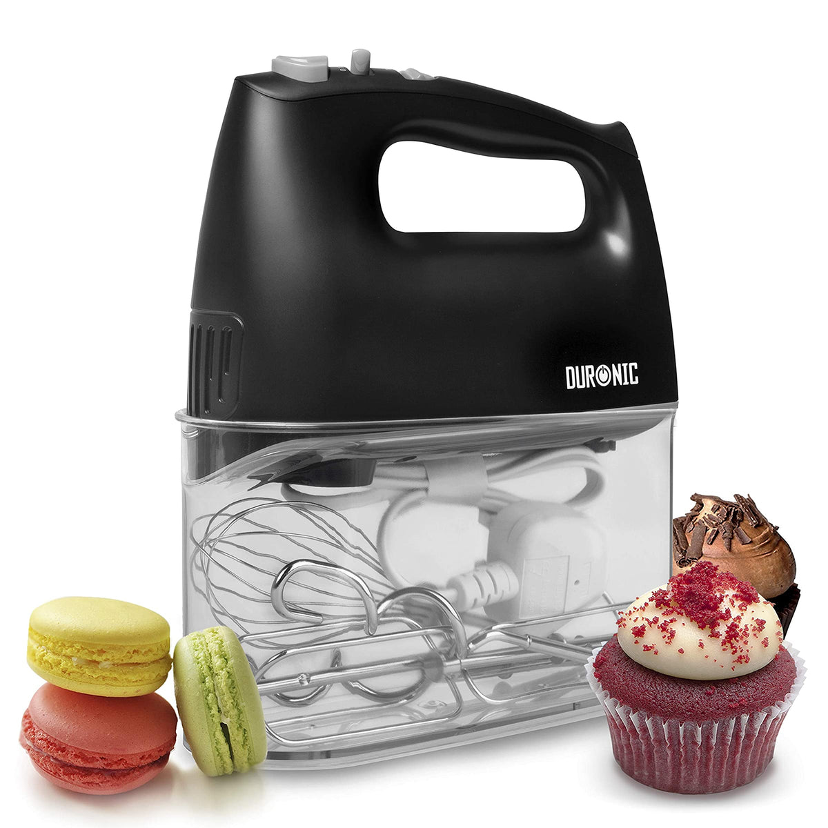 Duronic HM4 /BK Handmixer / Mixer / Handrührgerät / Handrührer mit Turbofunktion, Edelstahl Rührbesen, Knethaken und Schneebesen und Aufbewahrungsbox—