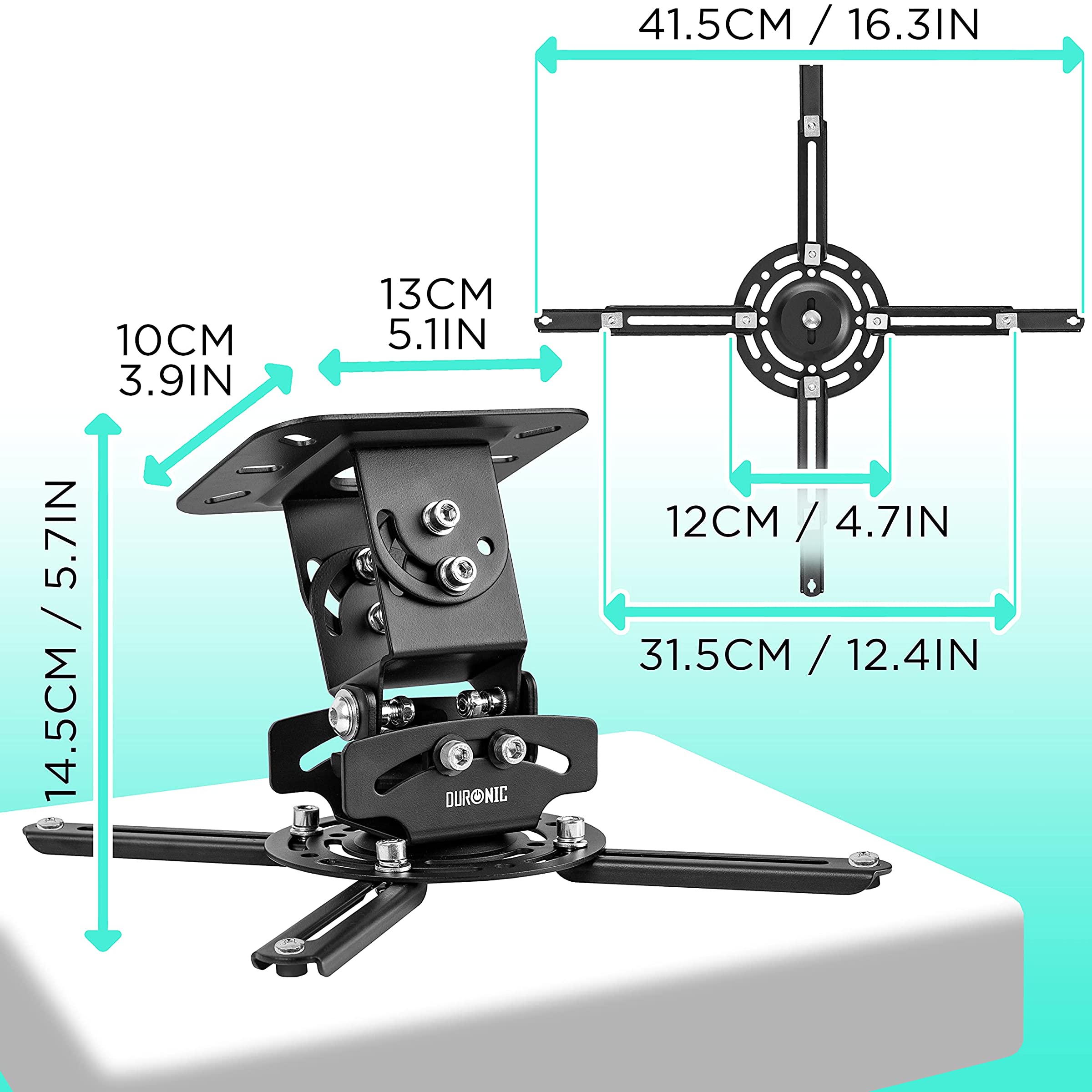 Duronic PB03XB Beamerhalterung | Projektor Deckenhalterung | Universal Beamer Wandhalterung | Halterung für Video-Projektor | drehbar und schwenkbar | Heimkino | Bis 13,6 kg | 360° Rotation | Schwarz