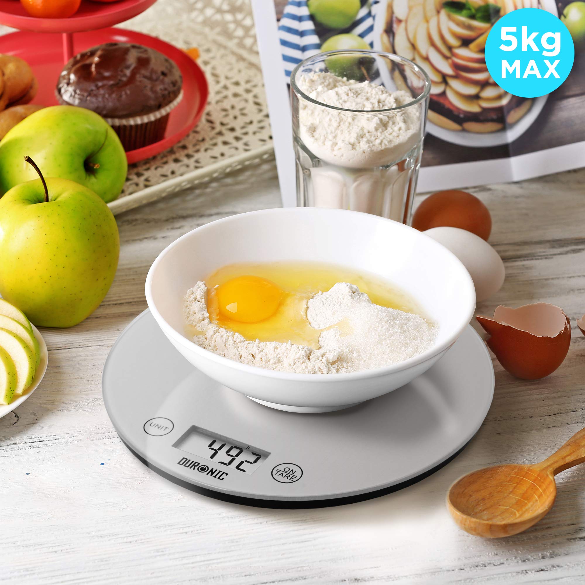 Duronic KS1055 Küchenwaage | 5 kg Digitalwaage rund | 1 g grammgenau Präzision-Feinwaage | Haushaltswaage mit Tara-Funktion | Digitale Waage mit Hold-Funktion | Lebensmittelwaage zum Backen und Kochen