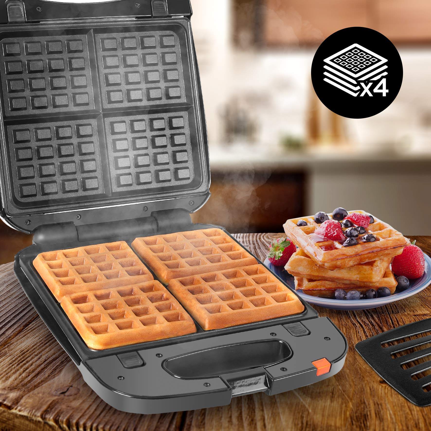 Duronic WM60 Waffeleisen | Waffelautomat für 4 Waffeln | Waffel maker 1200W | Abnehmbare Antihaft-Kochplatten | Automatische Temperaturregelung | Für hausgemachte belgische Waffeln