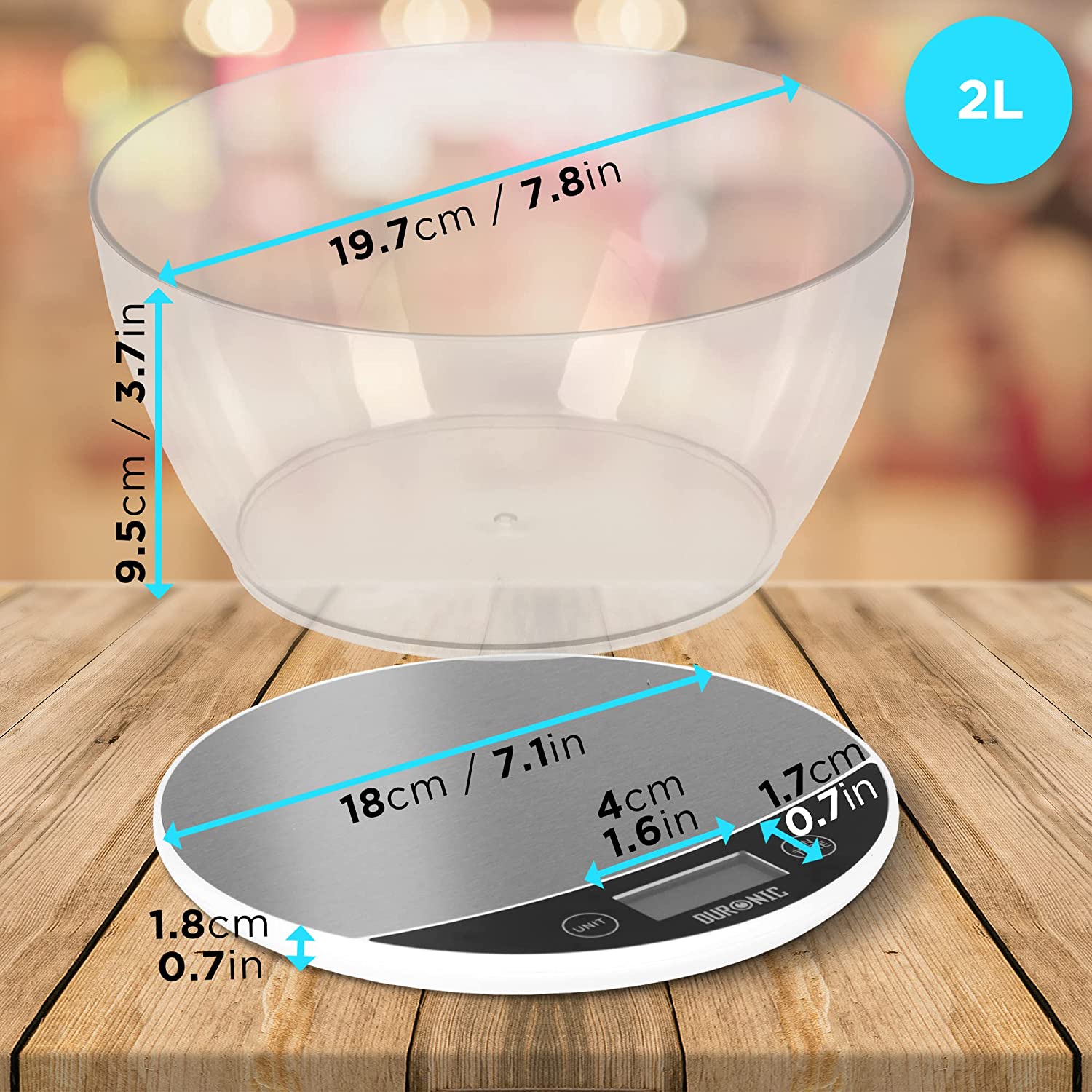 Duronic KS3000 Küchenwaage | 5 kg Digitalwaage rund mit 2 L abnehmbarer Schüssel | 1 g grammgenau Präzision-Feinwaage | Haushaltswaage mit Tara-Funktion | Digitale Waage mit Hold-Funktion | Zum Backen