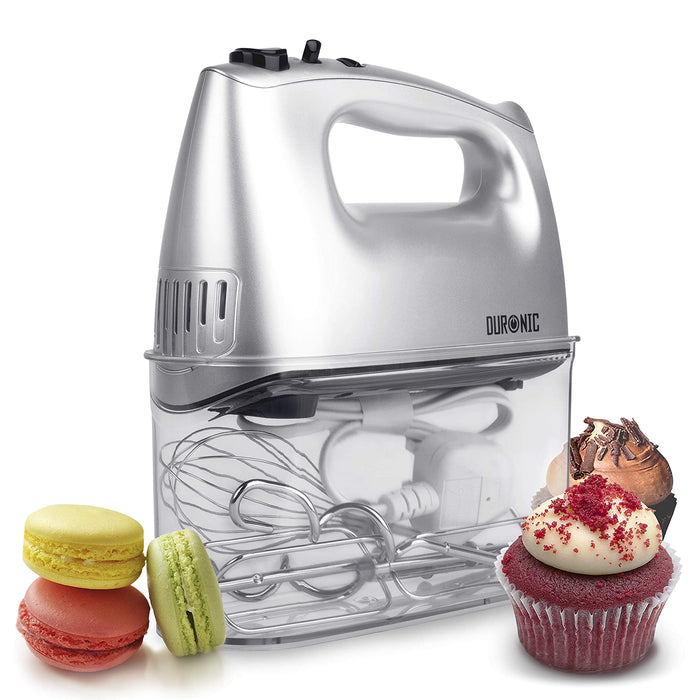 Duronic HM4 Handmixer / Mixer / Handrührgerät mit Turbofunktion, Edelstahl Rührbesen, Knethaken und Schneebesen und Aufbewahrungsbox, 400W—