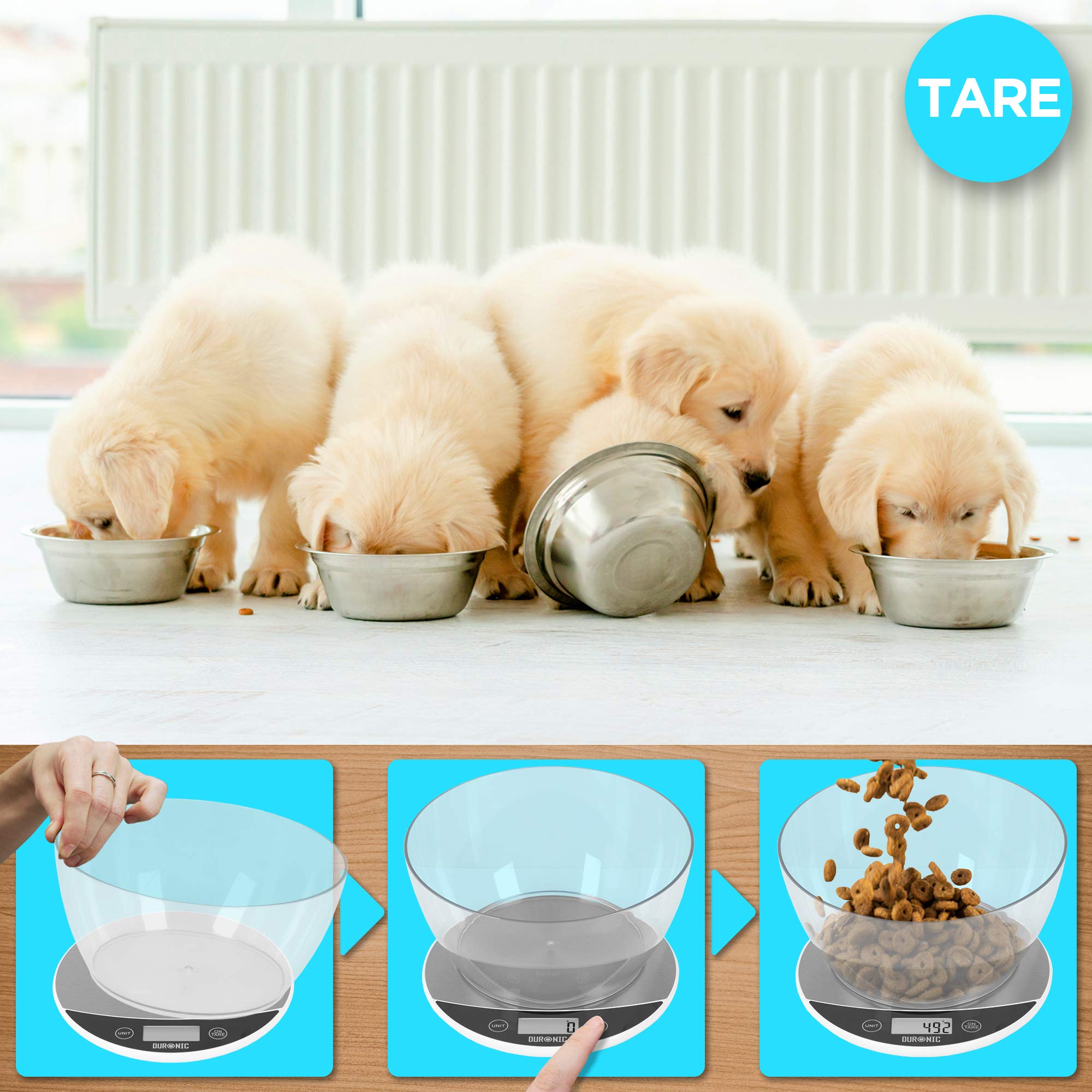 Duronic KS3000 Küchenwaage | 5 kg Digitalwaage rund mit 2 L abnehmbarer Schüssel | 1 g grammgenau Präzision-Feinwaage | Haushaltswaage mit Tara-Funktion | Digitale Waage mit Hold-Funktion | Zum Backen