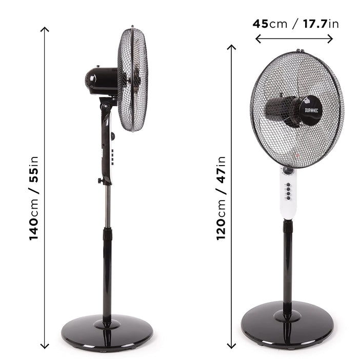 Duronic FN45 Standventilator - Ventilator oszilierend um 90° - Höhe bis 140cm - Geräuscharmer Lüfter für Schlafzimmer - Mit 3 Stufen und Timer