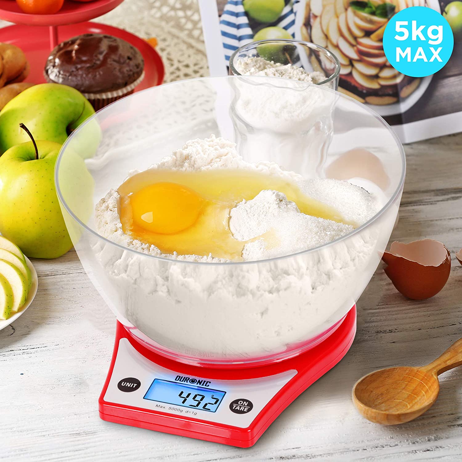 Duronic KS6000 RD Küchenwaage | 5 kg Digitalwaage rund mit 2,5 L abnehmbarer Schüssel | 1 g grammgenau Präzision-Feinwaage | Haushaltswaage mit Tara-Funktion | Digitale Waage mit Hold-Funktion | Backen