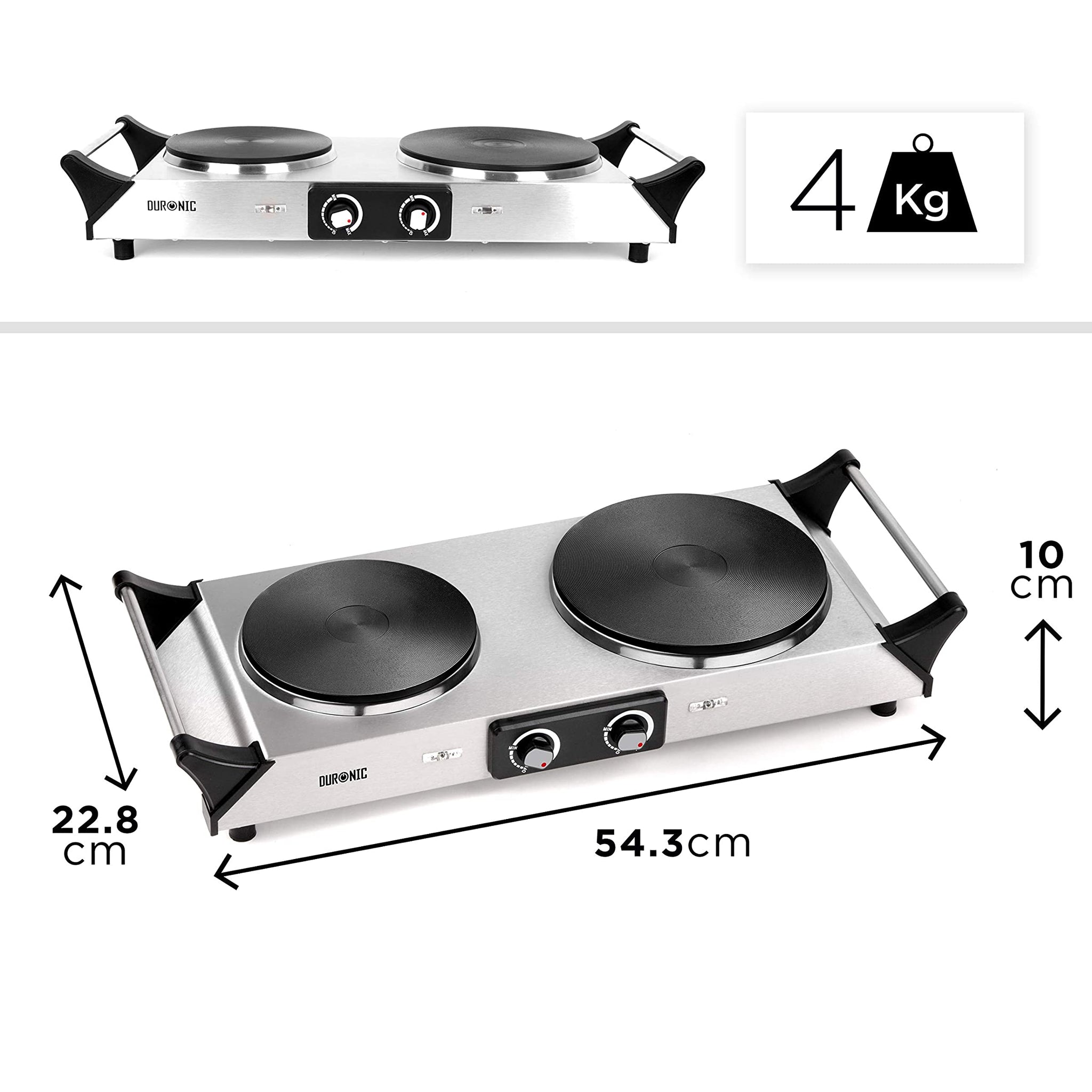 Duronic HP2 SS Herdplatte, Campingkocher mit 2 Kochfelder, Elektro Kochplatte für Camping, Büro, oder Küche, Doppelkochplatte mit stufenloser Temperatureinstellung, Doppel Kochplatte 2400 Watt