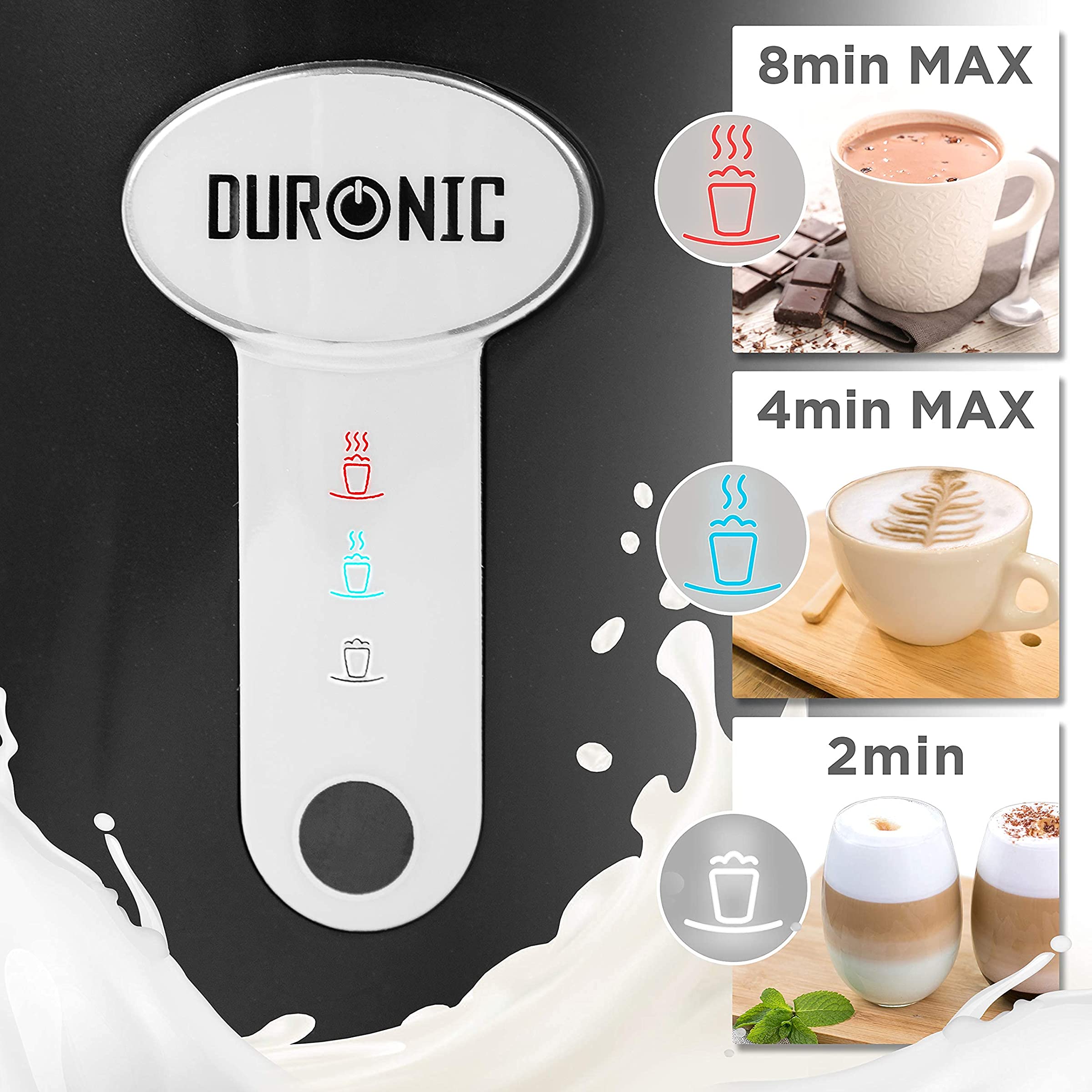 Duronic MF500 BK elektrischer Milchaufschäumer, 500 ml Behälter Milchaufschäumer Induktion, automatischer Milchschäumer, heißer und kalter Milchschaum für Kaffee, Latte, Cappuccino und Kakao, Schwarz