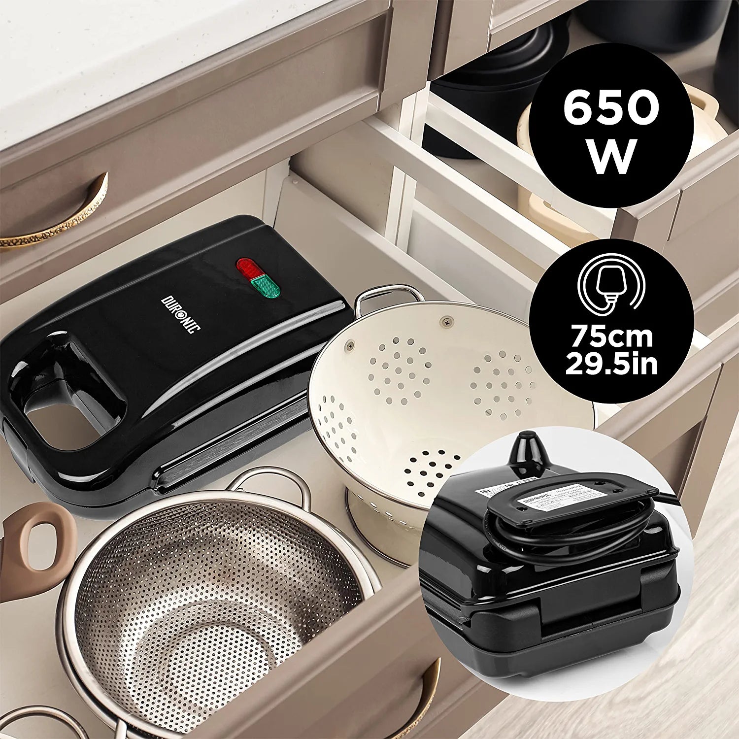 Duronic WM32 Waffeleisen | Mini 2-in-1 Waffelautomat für 1 Waffel | Sandwich Maker 650 Watt | Abnehmbare Antihaft-Kochplatten | Automatische Temperaturregelung | Für hausgemachte belgische Waffeln