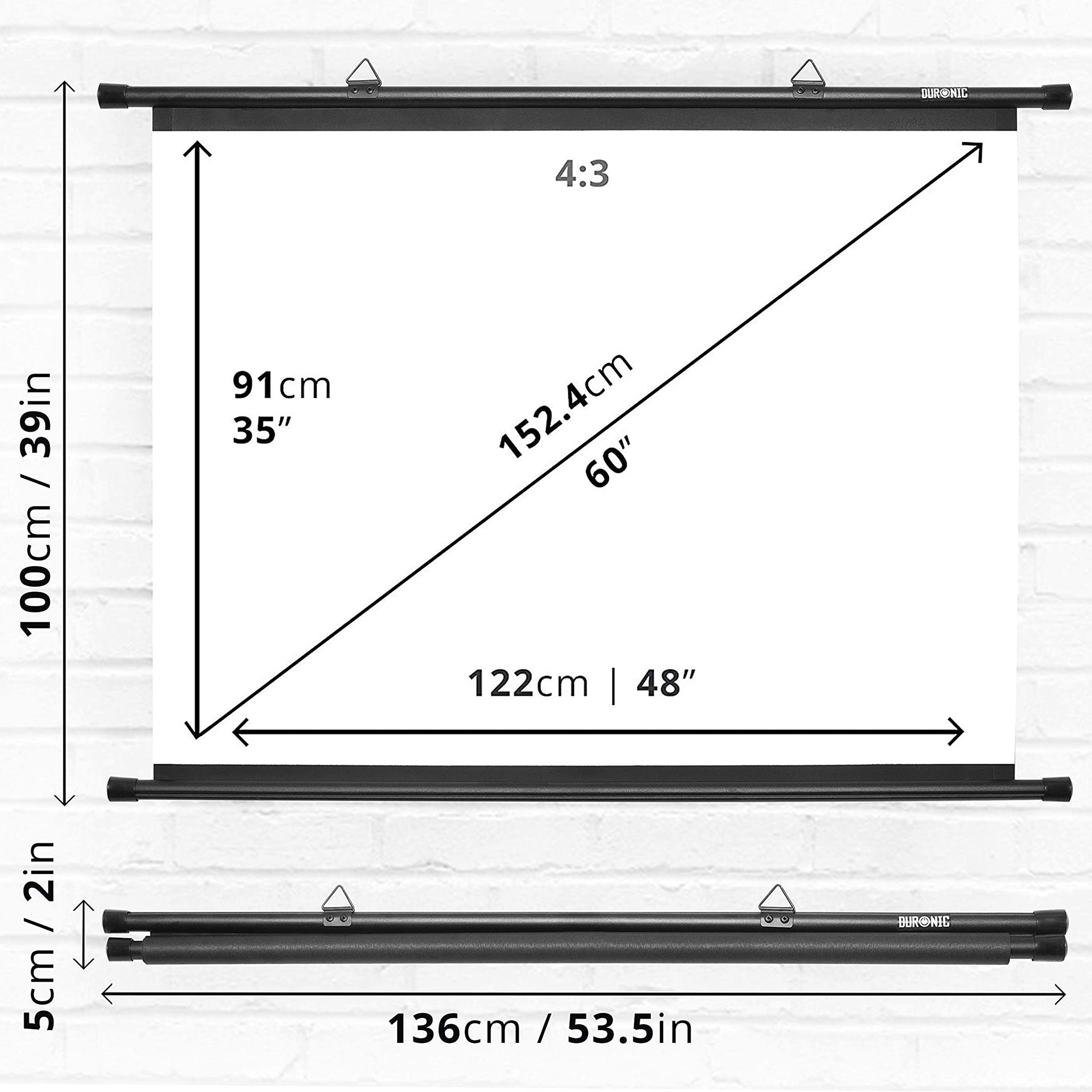 Duronic BPS60 4:3 Projektor-Leinwand, Beamer-Leinwand 60 Zoll, Heimkino mit 4K Full HD 3D, Rollo-Leinwand 1.0 Gain, Projektorleinwand für Wandmontage, Filmnacht, Videoleinwand für Büro Schulen