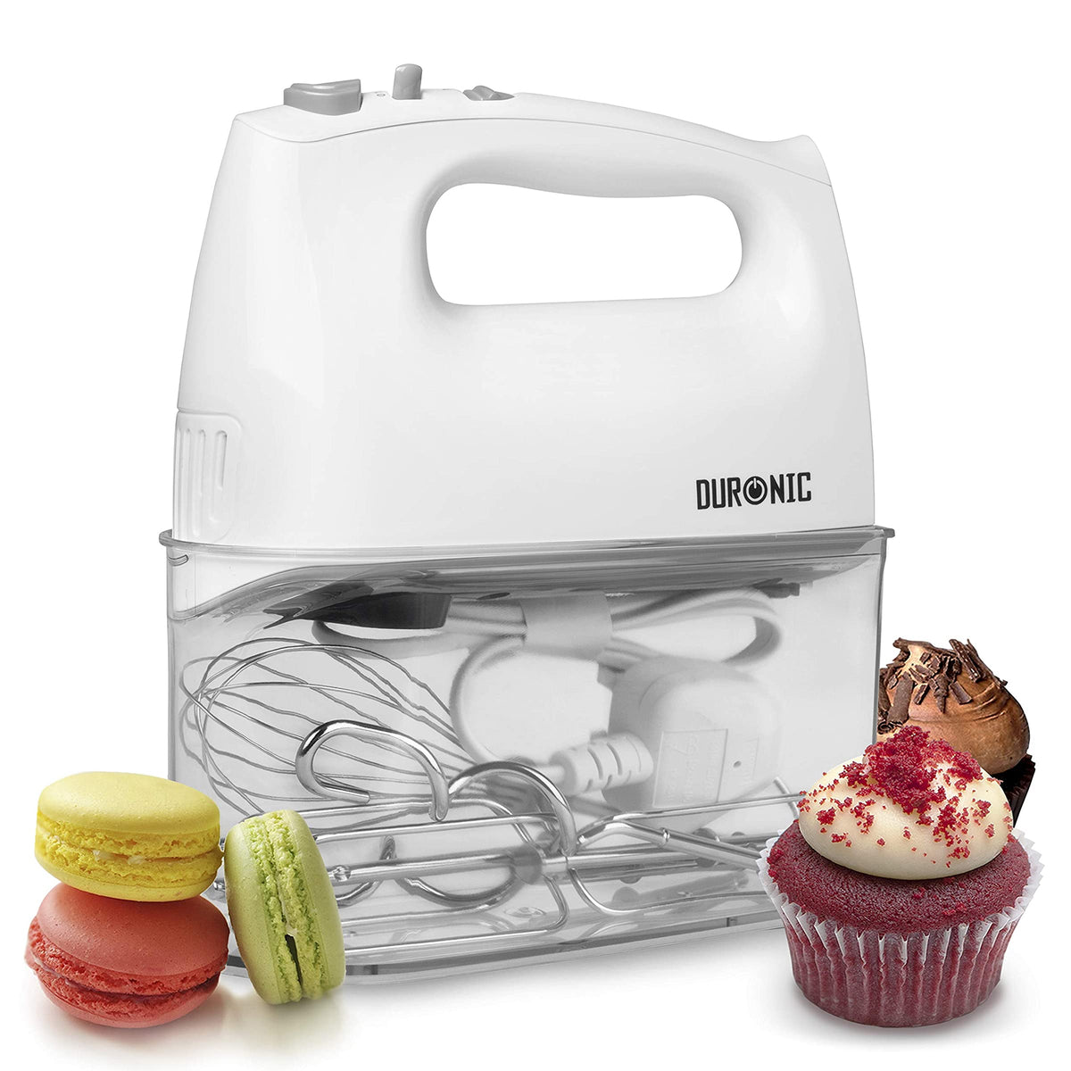 Duronic HM4 /W Handmixer / Mixer / Handrührgerät / Handrührer mit Turbofunktion, Edelstahl Rührbesen, Knethaken und Schneebesen und Aufbewahrungsbox,—