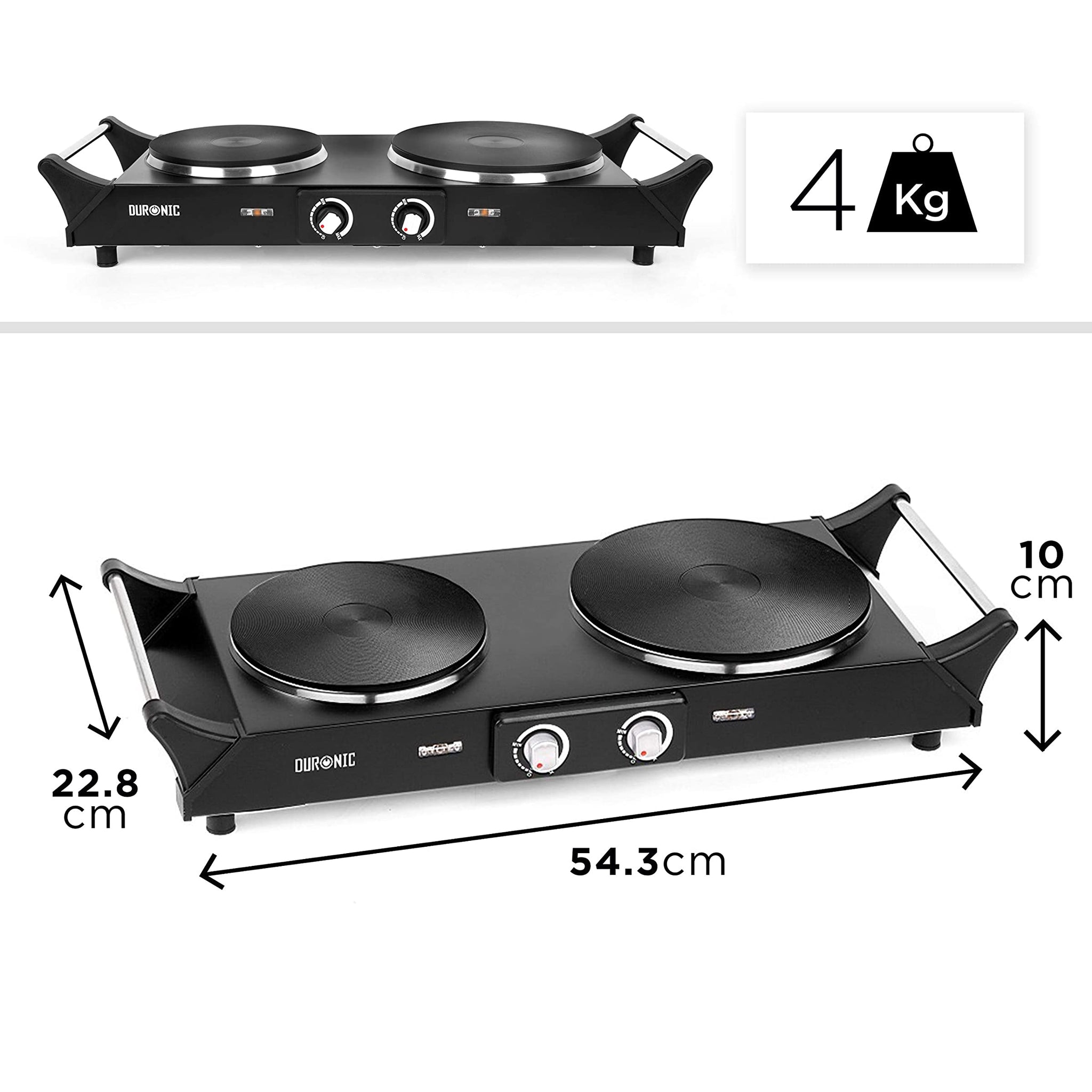 Duronic HP2 BK Doppel Kochplatte | Elektrische Doppelkochplatte mit Griffen | 2 Kochfelder stufenlos regelbar | Campingkocher mit Massekochfeld | Tragbare Herdplatte aus Edelstahl für Camping | 2500 W