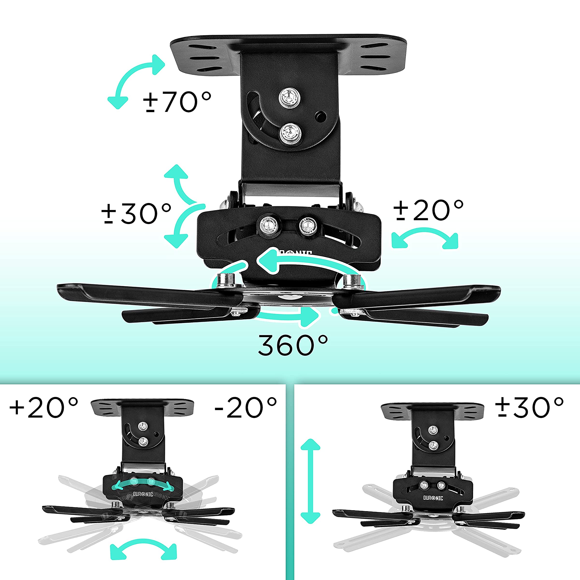 Duronic PB03XB Beamerhalterung | Projektor Deckenhalterung | Universal Beamer Wandhalterung | Halterung für Video-Projektor | drehbar und schwenkbar | Heimkino | Bis 13,6 kg | 360° Rotation | Schwarz