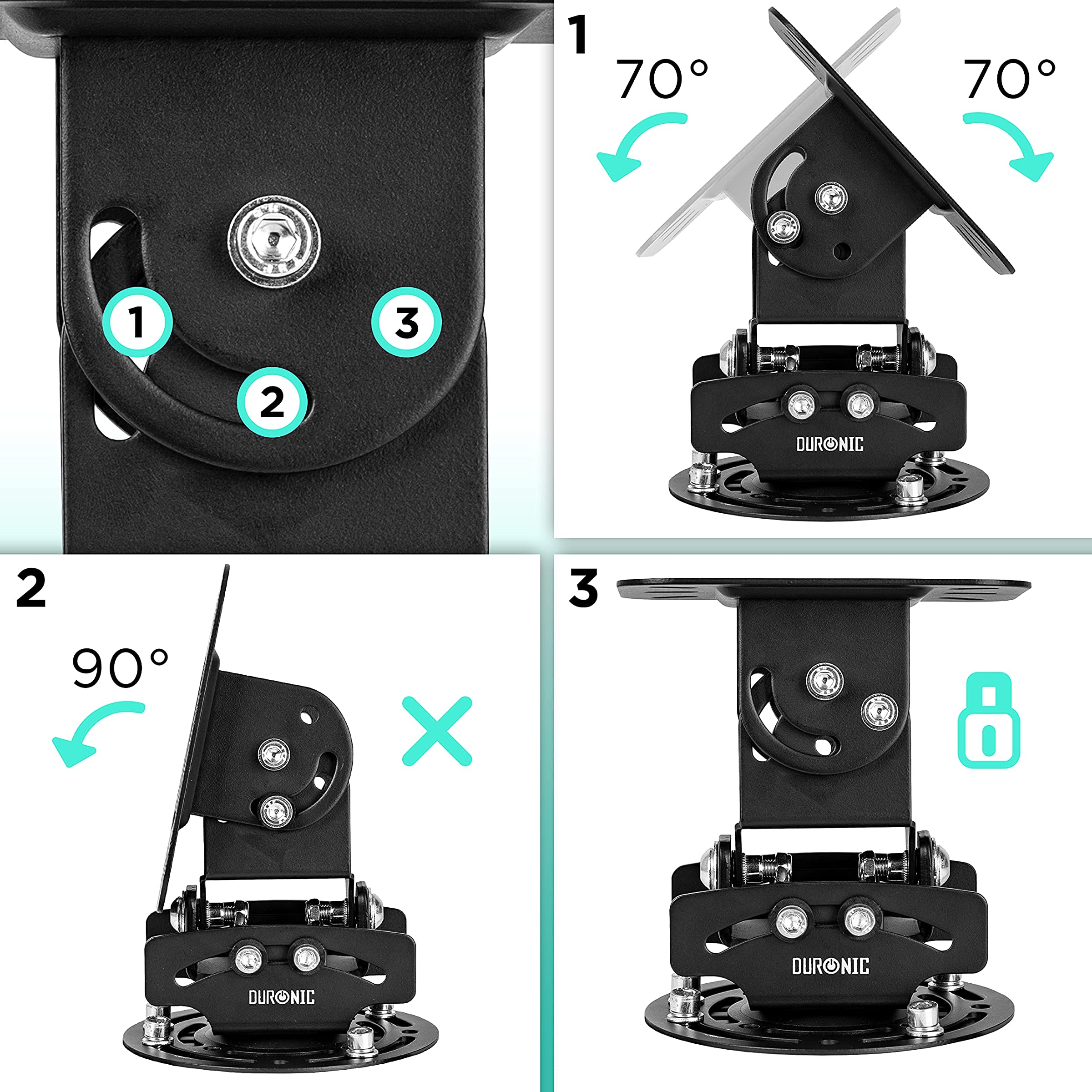 Duronic PB03XB Beamerhalterung | Projektor Deckenhalterung | Universal Beamer Wandhalterung | Halterung für Video-Projektor | drehbar und schwenkbar | Heimkino | Bis 13,6 kg | 360° Rotation | Schwarz