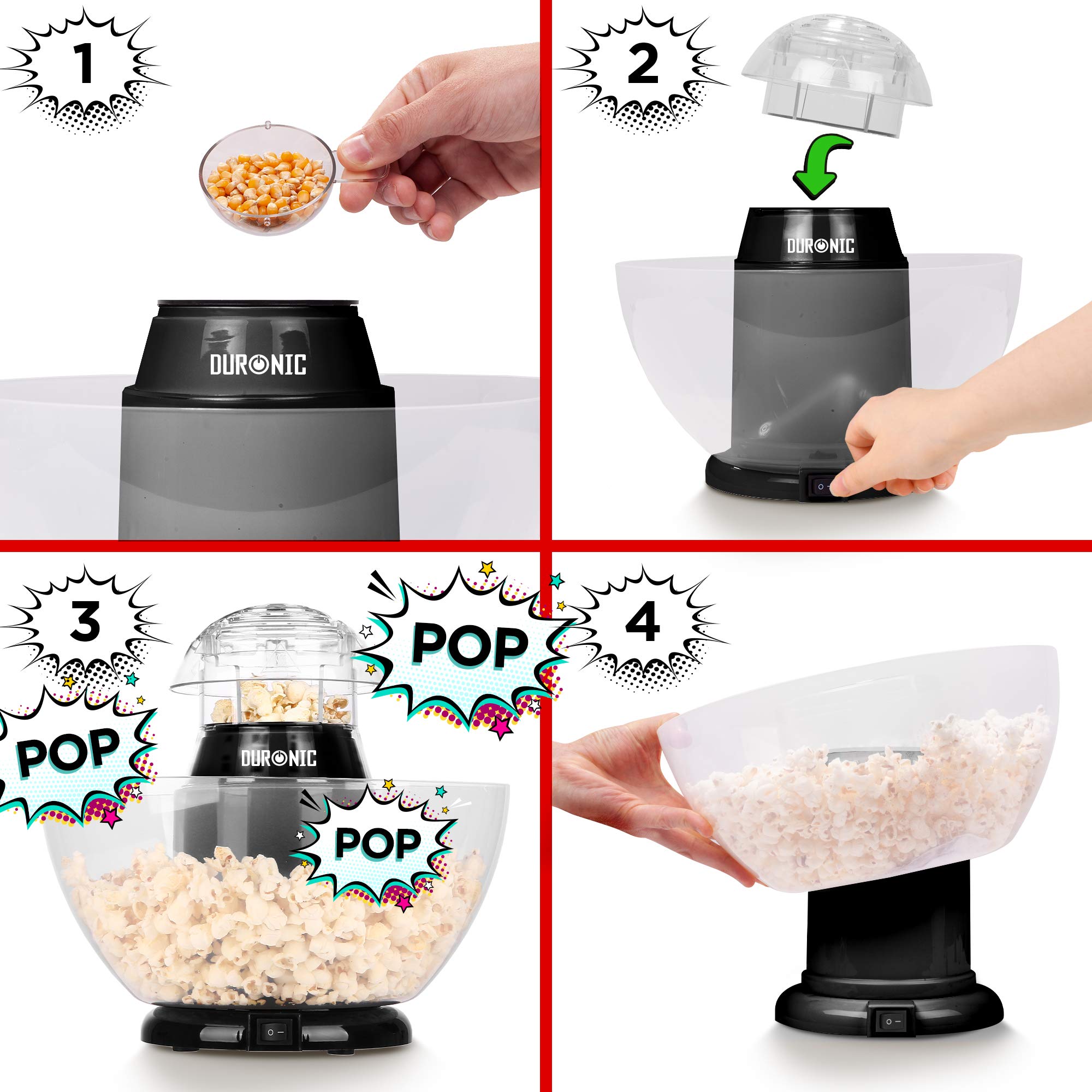 Duronic POP50 BK Popcornmaschine | Heißluft ohne Fett & Öl | 1200 Watt | inkl. Messbecher | für 50 Gramm Mais | abnehmbare Schüssel | Ölfreies Popcorn | Kalorienarm | Schwarz